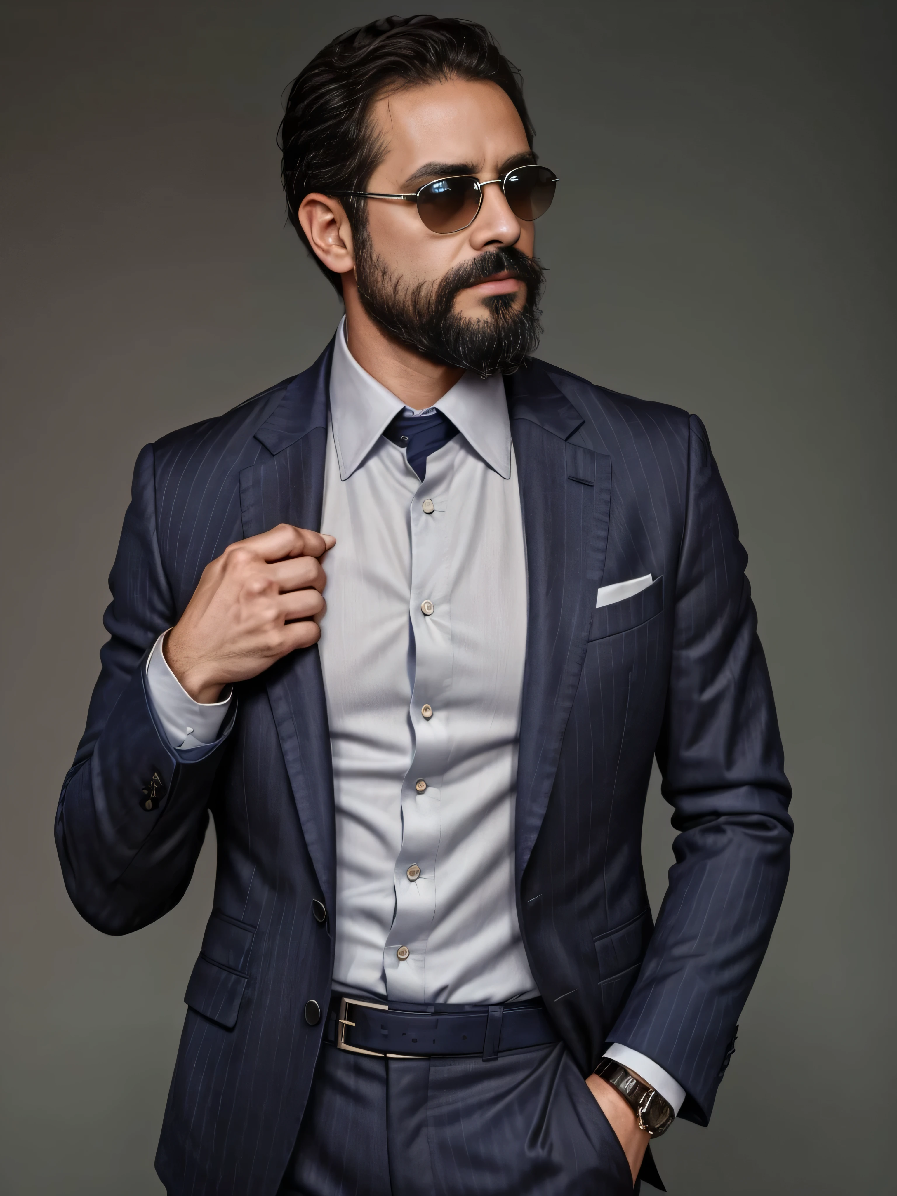 A 38-year-old man with a neatly groomed beard and stylish sunglasses. He is dressed in an elegant, tailored suit, featuring a sharp blazer and a crisp dress shirt. The blazer is a deep navy blue with subtle pinstripes, and the shirt is a classic white with a slight sheen. He wears a pocket square that matches the blazer, adding a touch of sophistication. The man is also wearing a sleek, silver wristwatch. His hair is neatly styled, complementing his overall polished look. The background is blurred to keep the focus on the man's upper body, capturing his confident and refined appearance. The image should be a medium shot, highlighting the man's upper body in great detail.