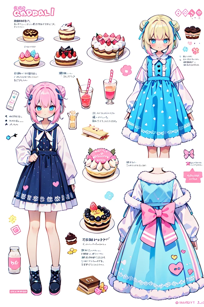 1girl in, ((Character information)、(Chara Sheet)、Pastel muted colors, (The color palette is yellow:1.2, Blue:1.2, Pink:1.2), (Blue hair bun and blonde), Short Fashion Skirt, Sitting on a throne made of sweets and pastries, For example, donut, sprinkle, candy, lollipop, candy cane, a cake, cupcake, Cake Pop, Ruffles and lace, polka dot,(Fluffy pastel dresses)
