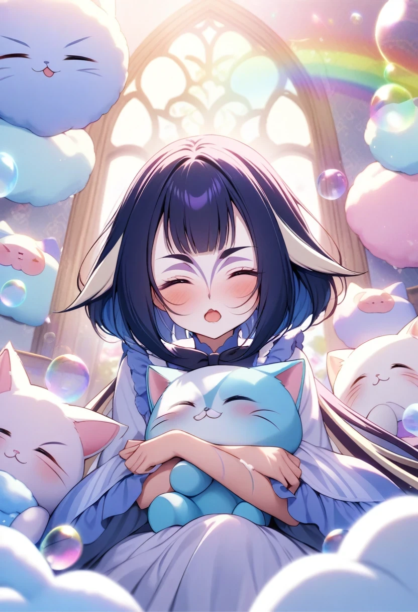 (shylily/(Twich/):1.5),(masterpiece:1.2),(best quality:1.2),Cute as a dream、Upper part of the body、Hitting on someone、Female Love、Lolita Fashion、Lolita、looking at the audience、pattern、Soap Bubbles、There is a rainbow behind it、Cloud、Colorful、Soap Bubbles、Hair all over、Kawaii、Pastel、Big Ribbon、Lovely room、Rainbow cat plush toy