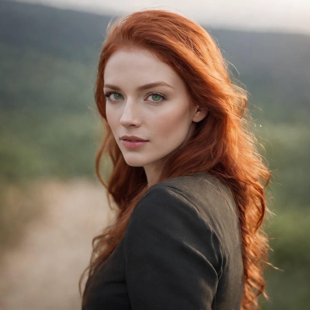 arafed woman with red hair and green eyes posing for a picture, a character portrait by irakli nadar, featured on cgsociety, digital art, flowing ginger hair, ginger wavy hair, redhead girl, redhead woman, with red hair and green eyes, very beautiful portrait, beautiful portrait, anna nikonova aka newmilky, gorgeous portrait, beautiful redhead woman