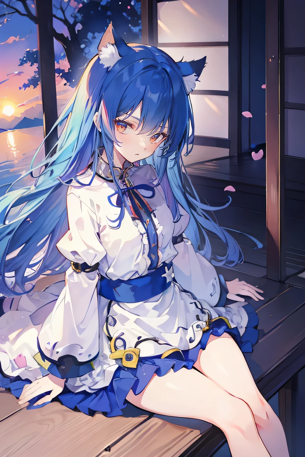(masterpiece:1.2),Super detailed,Practical,expressive eyes,Fair skin,Perfect face shaping,1 Girl,
Japanese cartoons,Gorgeous blue hair, the long flowing blue hair,Floating clothes,Cat ears,Petals falling,beautiful lola,Young Angel,
Hands on waist,sit elegantly on the ground,Cross your legs,Gentle and peaceful background,Cool and cozy pavilion,Sunset,