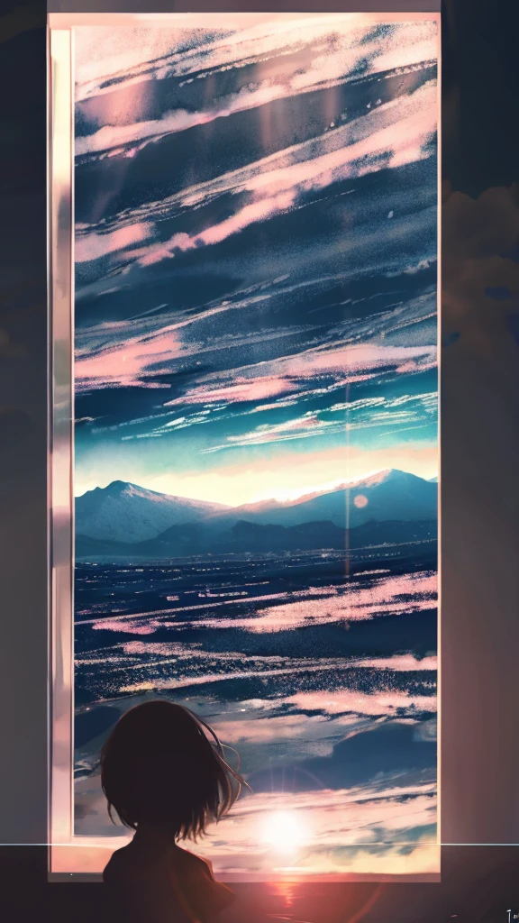 anime,silhouette,1girl, cloud, outdoors, skyscraper, city lights, blue sky, skyline,morning,waking,In nature,Mountain,Couple
