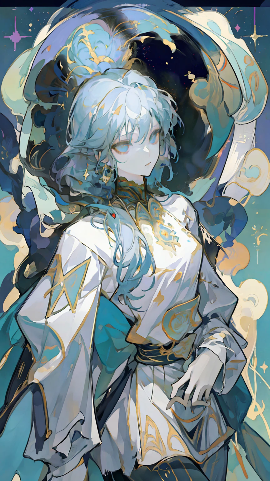 An exquisite masterpiece of art depicting the profound themes of philosophy and numerology. The artwork showcases the influence of Alphonse Mucha's iconic style combined with the whimsical elements of magic wands. The image portrays a captivating scene where the renowned scientist Kepler is reimagined in an anime-inspired form, surrounded by a mesmerizing aura of mysticism