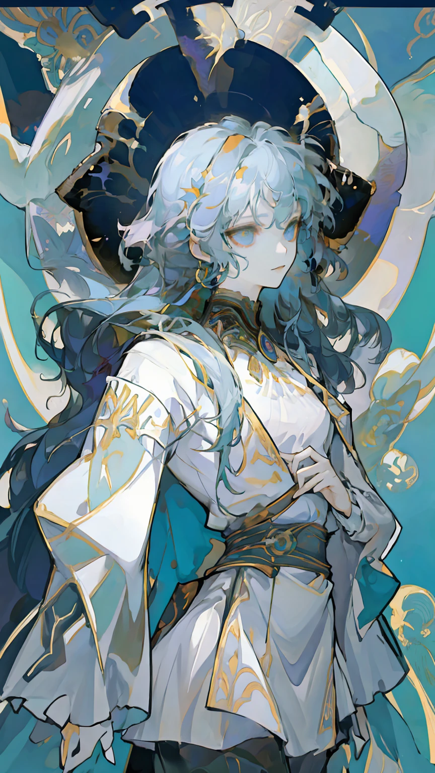 An exquisite masterpiece of art depicting the profound themes of philosophy and numerology. The artwork showcases the influence of Alphonse Mucha's iconic style combined with the whimsical elements of magic wands. The image portrays a captivating scene where the renowned scientist Kepler is reimagined in an anime-inspired form, surrounded by a mesmerizing aura of mysticism