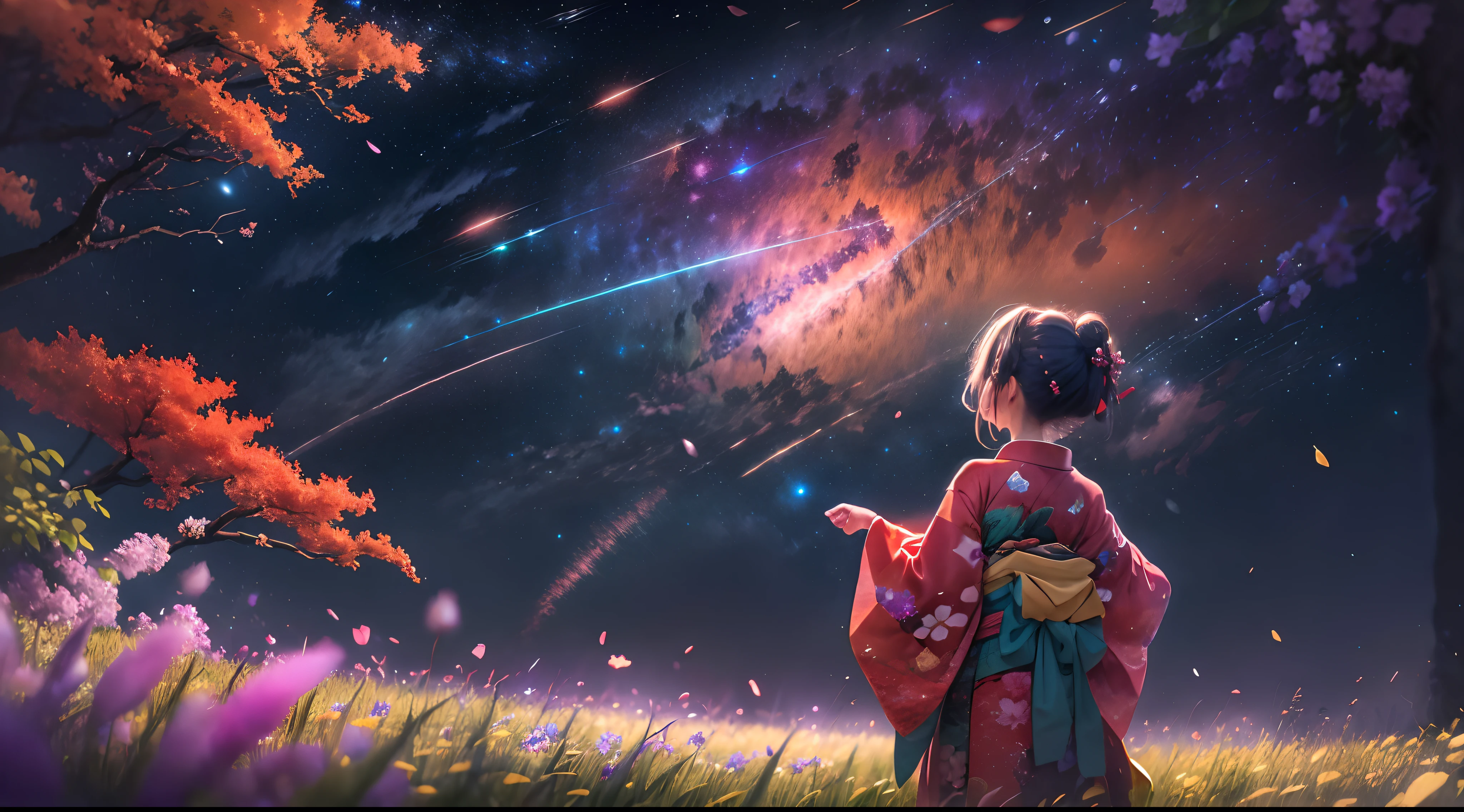 One girl, distant girl wearing a kimono staring at the performer, (Zoom out:1.1), (Meteors:1.2), (comet:1.1), yourname, Low - Angle, From behind, Alola, shooting star, yukata, red kimono, cherry blossoms, Standing in the field,highest quality, masterpiece, cloud,colorful, Starry sky,performer,