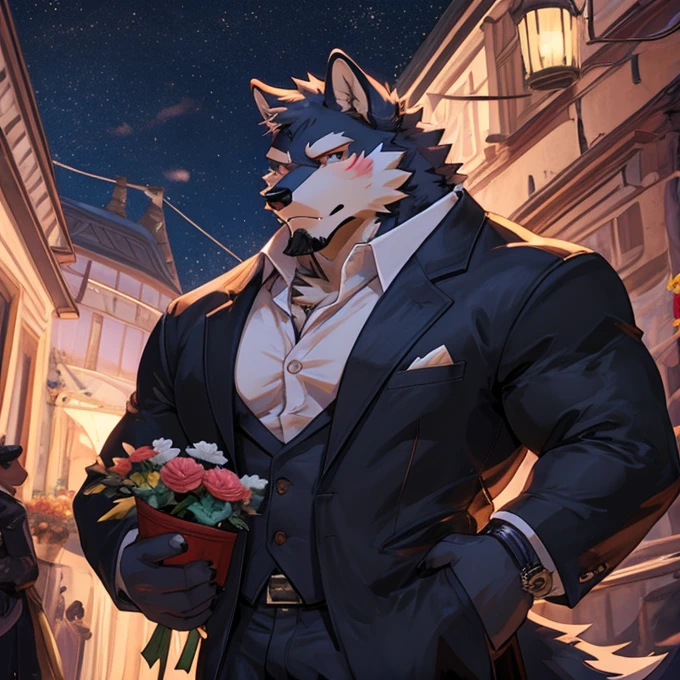 A big strong muscular huge jacked male adult alpha wolf with a big penis showing up on your doorstep in a suit carrying a bunch of flowers and he is looking at you and blushing