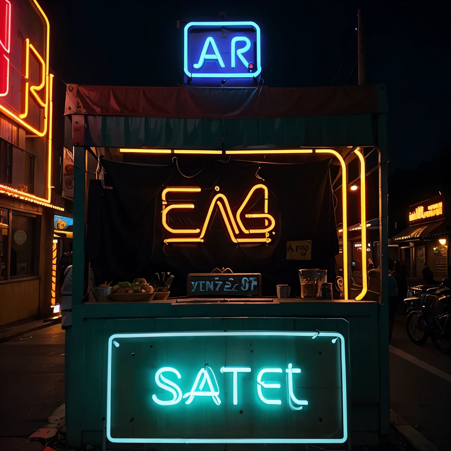 Prompt: neon roadside cafe banner with text "Javati" --ar 3:2 --v 6.0 --style raw