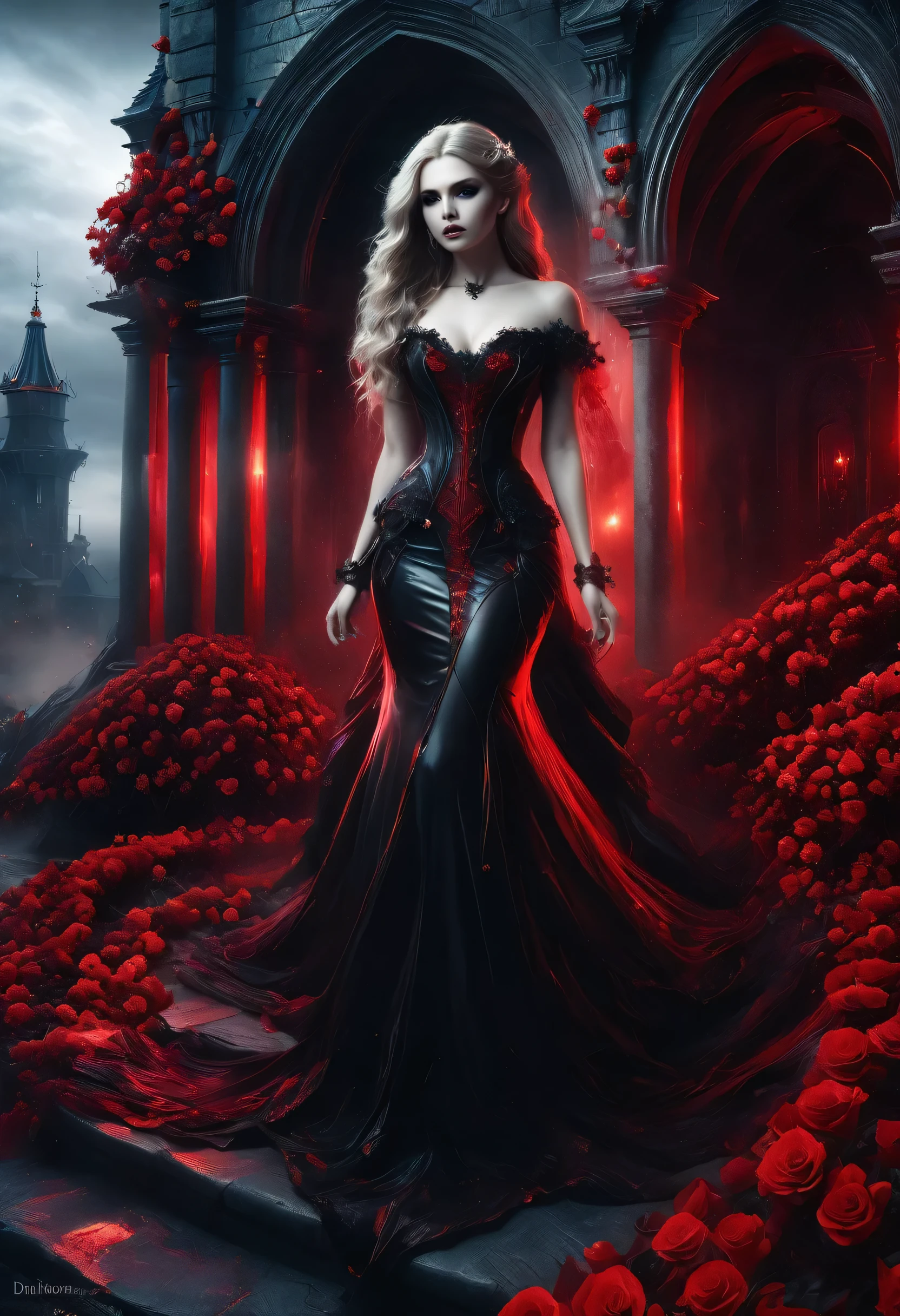 Dark fantasy art, fantasy art, goth art,  a picture of a female vampire, exquisite beauty, full body shot, dark glamour shot,  pale white skin, dark blond hair, long hair, wavy hair, (icy grey: 1.3) eyes,  she  wears a (red: 1.3) dress, ArmoredDress, entwined with (black: 1.3)  roses betmd, high heells, dark castle porchm, RagingNebula