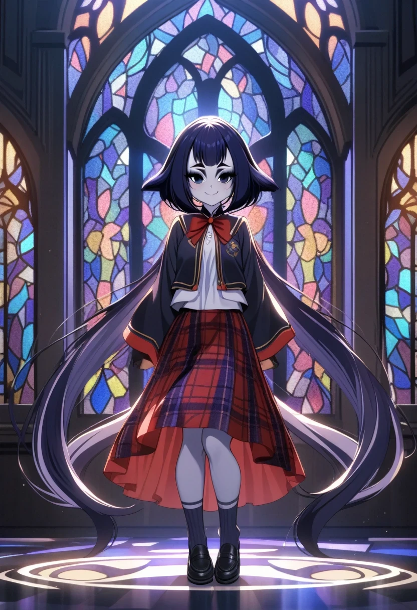 (shylily/(Twich/):1.5),(masterpiece:1.2),(best quality:1.2),High School Suit Jacket、 、Red Plaid Knee-Length Skirt、long skirt、JK style、Jacket、Smile、knee socks、Knee socks、Pantyhose、Peerless Beauty、Super cute、Fed up、of beauty、twin-tail hair、Dark black eyeshadow、sad、Skin radiance、Long hair straightener、Dark Gothic Makeup、dark smile、Fragrant and beautiful、Stained glass background、
