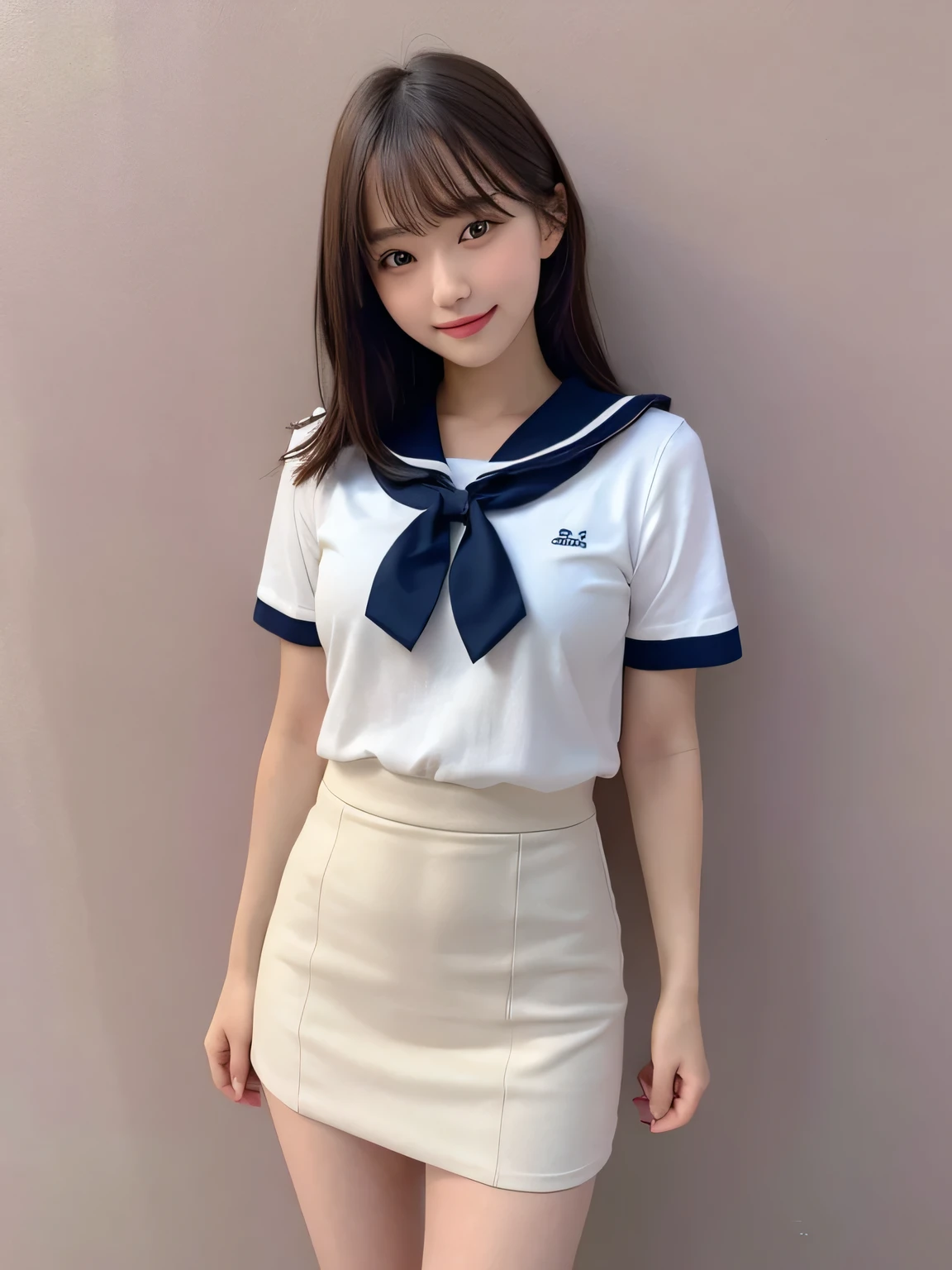 In detail,Full body photo、 One high school girl、High resolution, high quality、Slim body、Perfect dynamic composition, Beautiful fine details, Natural medium hair、Natural color lip,Kamimei、16-year-old girl、Clear Skin、Short-sleeved brown sailor suit、Blue mini skirt、Thighs、Shiny Hair、最high quality, figure, Very detailed, In detail, High resolution, 8k、Pink wall、The correct state of the human body、Sculpture model pose,Thighs are visible、smile、
