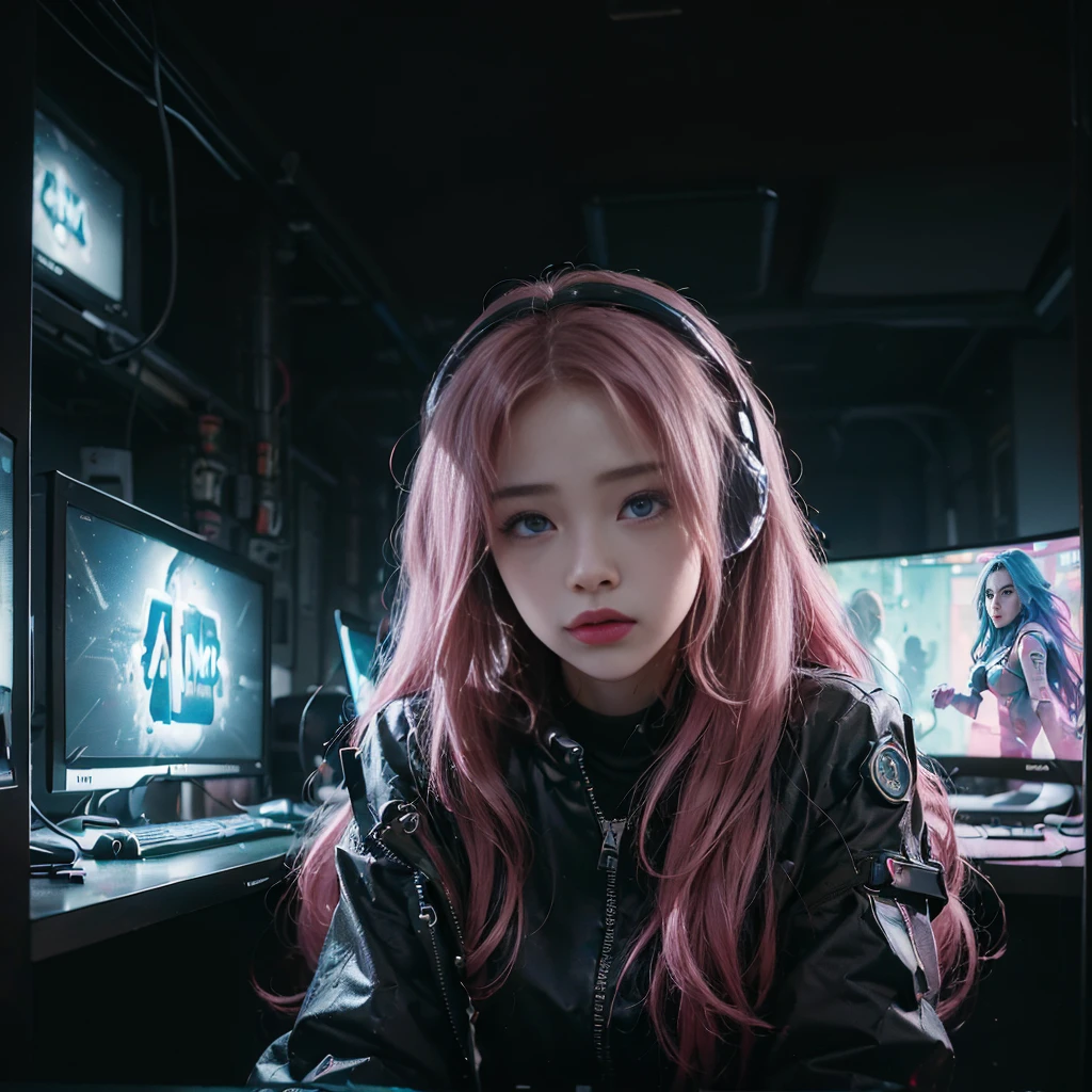 ((Masterpiece)), (((Best Quality)))), ((Illustration)), (Depth of Field: 1.2),Solo,Dynamic Angle,1 Girl,Hacker Beautiful medium skin colored Girl, Indoors, Room, Dim Room, Sci-Fi, Neon, Neon Lights, Cyberpunk, Computer Room, Gaming Headphones, Computer Equipment, Ethical Hacker, Server Room Background, display lights, monitors, (LED monitors, surrounded by multiple display monitors: 1.5), gaming chair, bright pink hair highlights, long hair, light cyber clothes, energy drinks, cables, messy room, front, bottom, talking at camera, wearing cyber punk aviator googles