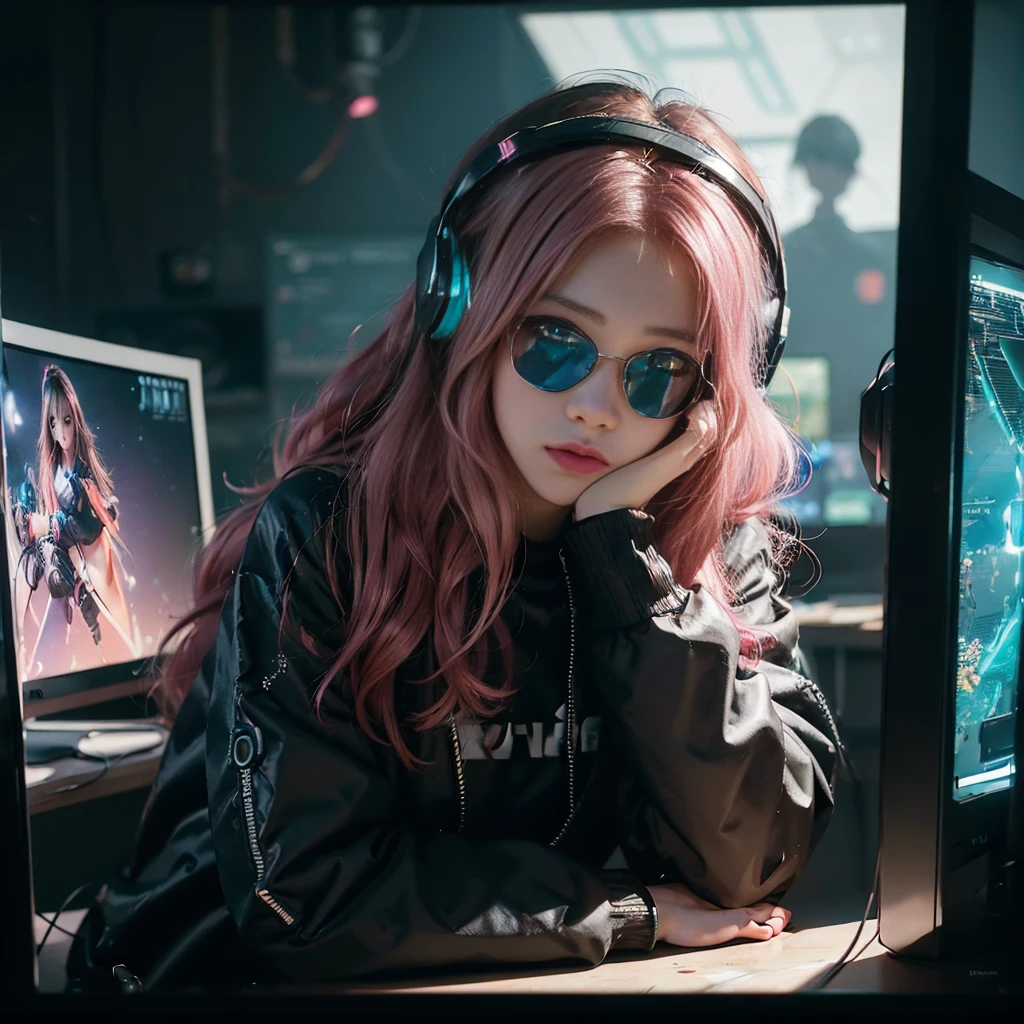 ((Masterpiece)), (((Best Quality)))), ((Illustration)), (Depth of Field: 1.2),Solo,Dynamic Angle,1 Girl,Hacker Beautiful medium skin colored Girl, Indoors, Room, Dim Room, Sci-Fi, Neon, Neon Lights, Cyberpunk, Computer Room, Gaming Headphones, Computer Equipment, Ethical Hacker, Server Room Background, display lights, monitors, (LED monitors, surrounded by multiple display monitors: 1.5), gaming chair, bright pink hair highlights, long hair, light cyber clothes, energy drinks, cables, messy room, front, bottom, talking at camera, wearing cyber punk aviator googles