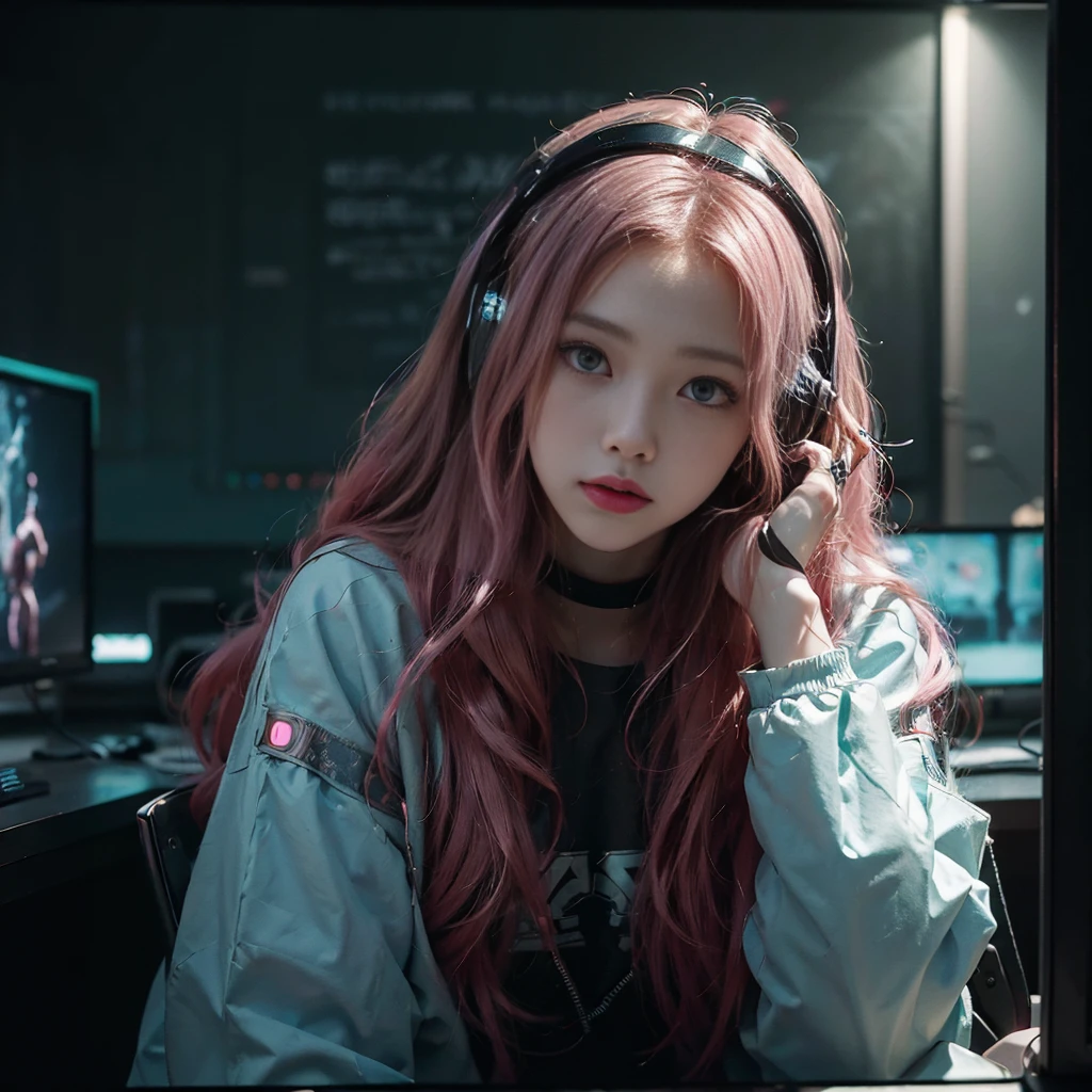 ((Masterpiece)), (((Best Quality)))), ((Illustration)), (Depth of Field: 1.2),Solo,Dynamic Angle,1 Girl,Hacker Beautiful 15 Years Old medium skin colored Girl, Indoors, Room, Dim Room, Sci-Fi, Neon, Neon Lights, Cyberpunk, Computer Room, Gaming Headphones, Computer Equipment, Ethical Hacker, Server Room Background, display lights, monitors, (LED monitors, surrounded by multiple display monitors: 1.5), gaming chair,  bright pink hair highlights, long hair, light cyber clothes, energy drinks, cables, messy room, front, bottom, talking at camera, wearing cyber punk aviator googles