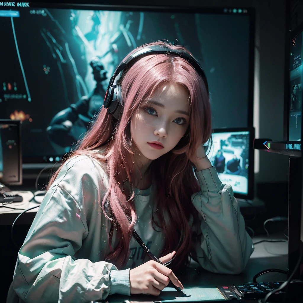 ((Masterpiece)), (((Best Quality)))), ((Illustration)), (Depth of Field: 1.2),Solo,Dynamic Angle,1 Girl,Hacker Beautiful 15 Years Old medium skin colored Girl, Indoors, Room, Dim Room, Sci-Fi, Neon, Neon Lights, Cyberpunk, Computer Room, Gaming Headphones, Computer Equipment, Ethical Hacker, Server Room Background, display lights, monitors, (LED monitors, surrounded by multiple display monitors: 1.5), gaming chair,  bright pink hair highlights, long hair, light cyber clothes, energy drinks, cables, messy room, front, bottom, talking at camera, wearing cyber punk aviator googles