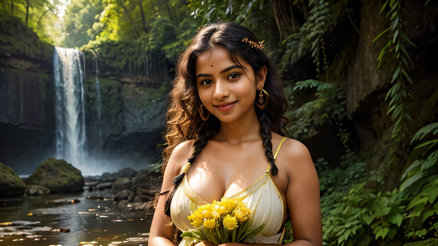 (pixer style: 1.25) portrait of Indian girl, Big breasts with breasts, Holding a basket of flowers in her hand、Natural Skin Texture, 4K textures, nffsw, with an intricate, Highly detailed, Sharp Focus, Cinematic Look, ultra-detailliert、(In front of a waterfall in the forest)、With smiling eyes、Colossal 、Curly hair in braids、