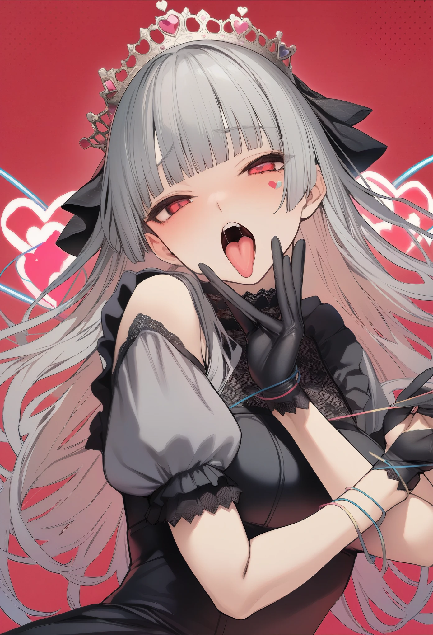 masterpiece, highest quality, One girl, gloves, alone, tongue, Red background, black gloves, tongue out, Long Hair, elbow gloves, bangs, Puffy sleeves, Open your mouth, Grey Hair, Short sleeve, View Viewer, put your hand on your face, Upper Body, blunt bangs, puffy Short sleeve, colored tongue, heart, black dress, dress, Put your hand on your cheek, Red eyes, Facial blemishes, Crown, Simple Background, tattoo, string, teeth, Halftone