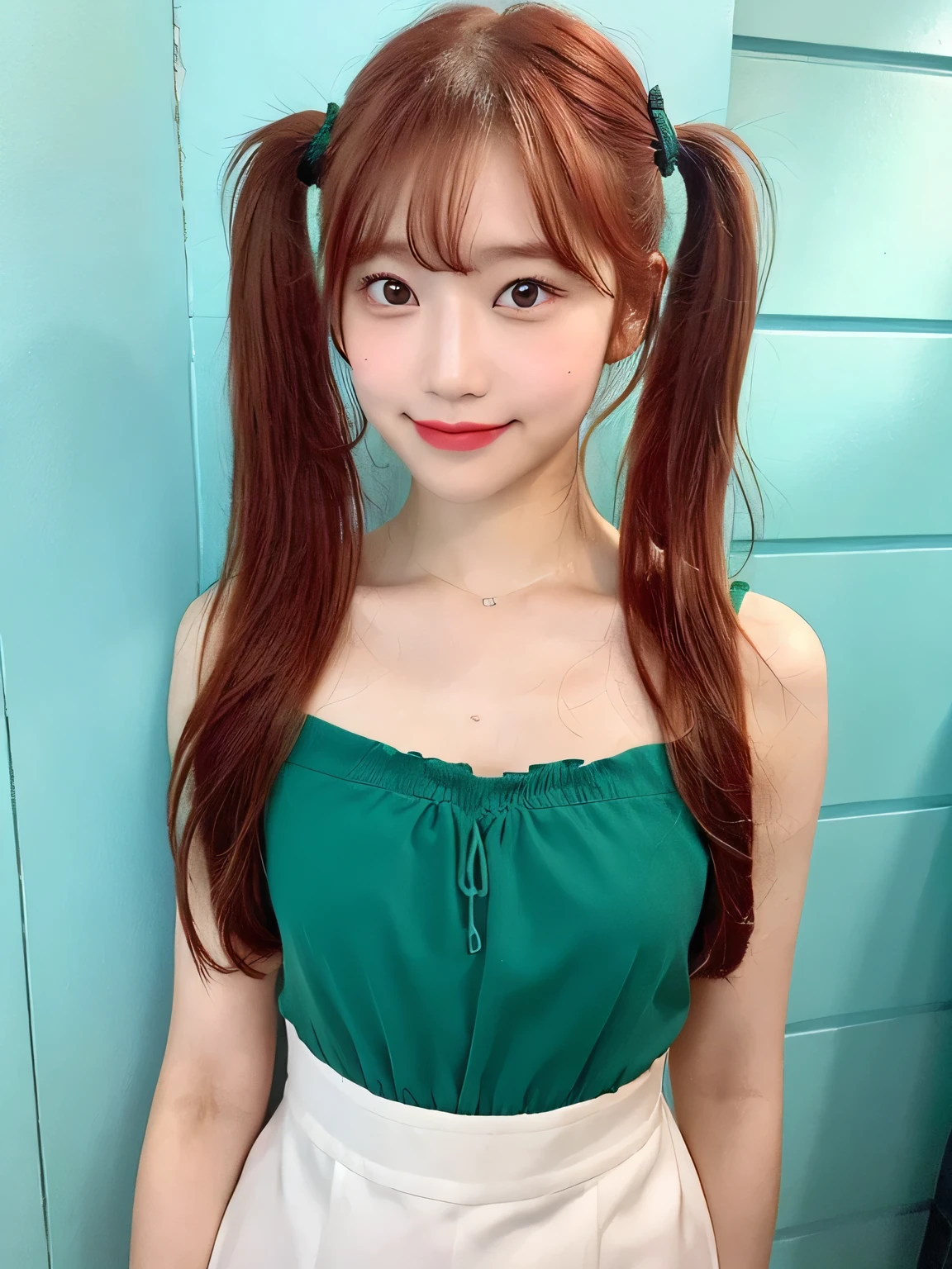 one person、、Full body photo、Red Hair、slender、woman、White drool coming out of the mouth、smile、Blonde、Twin tails、 Fair skin, messy hair, super cute、Soft and Face、8K resolution、Surreal、Ultra high definition、 A-cup small breasts((Highest resolution、8k、masterpiece:1.3))、Ultra-fine face、Ultra Fine Lips、Beautiful Eyes、double eyelid,Light blue wall、Green bandeau dress:1.1、Thighs、thin,Thighs are visible、Shapely small breasts、