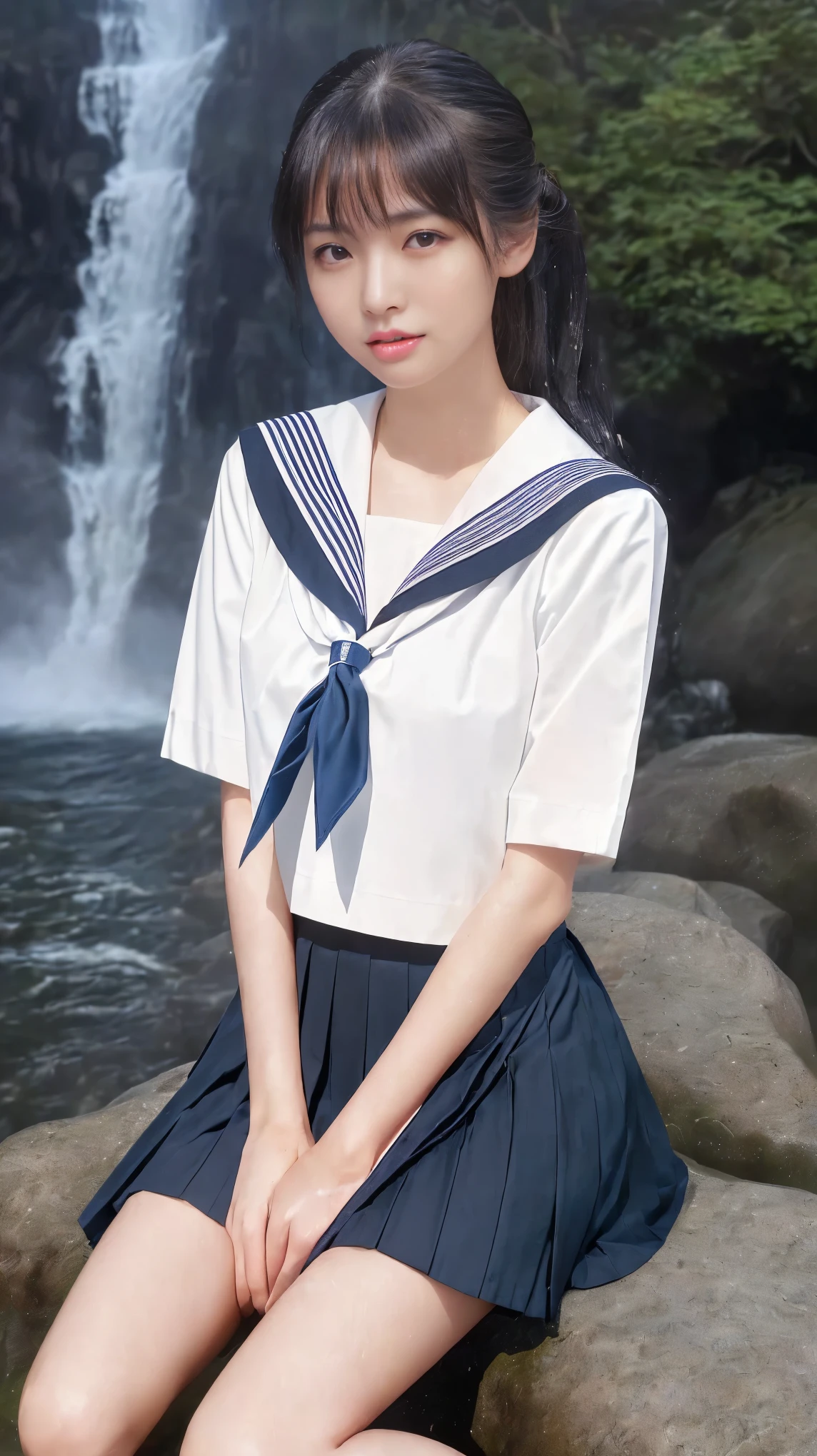 最high quality、high quality、Best image quality、8k、最High resolution、High resolution、最high quality、masterpiece、RAW Photos、whole body写真、Detailed and realistic human body、Detailed and realistic skin、Realistic face in every detail、Realistic reproduction of every detail、Detailed and realistic lips、Detailed and realistic teeth、Detailed and realistic ears、Detailed and realistic hair、Detailed and realistic weapons、Realistic reproduction of every detail、Realistic fingers in every detail、((Beautiful Hands(thumb１reference４))、Realistic feet down to the last detail、Realistic breasts down to the last detail、((Beautiful Japanese Girl))、(Japanese Model)、((18 year old beautiful girl))、(Black Hair)、(Straight hair)、(ponytail)、((whole body))、((Beautiful upturned breasts))、(Stylish slim style)、(whole body光沢肌、Fair skin)、Sailor suit(Summer use)、Sailor suit(Winter use)、Sailor Skirt、Soft natural light、Jungle with waterfall、Waterfalls of different heights、Big waterfall、A powerful waterfall、((Sit on a rock in front of the waterfall(Spread your legs wide))、((背景にBig waterfallが見える))、((Wet and see-through(クロップトップSailor suit、Sailor Mini Skirt))、((Bathing in the waterfall(Soaked skin from head to toe))、((Water dripping from the skin))、((Sailor suitが濡れて肌に張り付く))、((Sailor suitの上からでも乳首の形がはっきりわかります))、((Sailor suit、Sailor Skirtから滴る水))