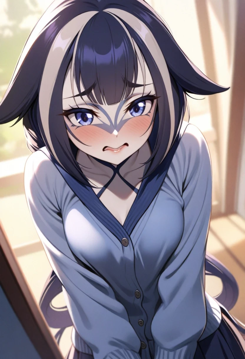 (shylily/(Twich/):1.5),(masterpiece:1.2),(best quality:1.2),1girl, high school student, twin braids, embarrassed expression, school uniform cardigan, small breasts, detailed eyes, detailed face, detailed lips, elegant, cute, beautiful, adorable, shy, tsundere