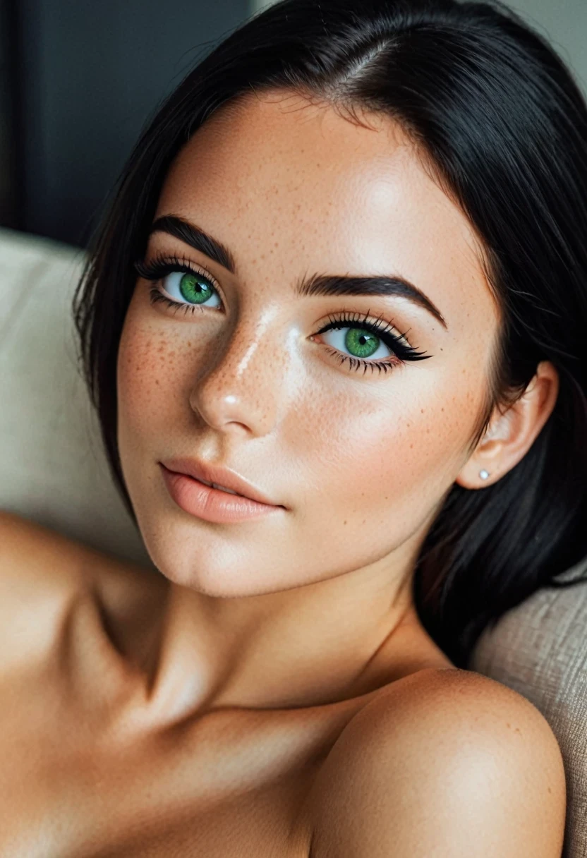 cute woman, beautiful, 20 years old, green eyes, (black bold eyeliner, makeup:1.3), freckles, soft smile, shoulder length black hair at side, ear,
luxury living room, lying on couch,
hyperdetailed analog photo, Cinematic, closeup photo, (naked, nude, bare body:1.3), modern house,