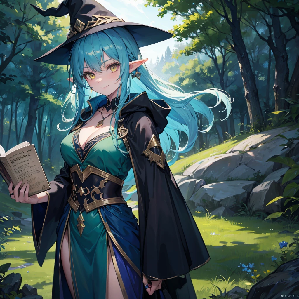 A sexy girl half elf wizard, all dark blue wizard robe, wizard hat, yellow eyes, bright blue hair colour, book in hand, in green forest background,8k, masterpiece, best quality, highly detailed, 1girl, half-elf, solo, yellow eyes, bright blue hair, long straight hair, wearing necklace, gorgeous, smile, black robe and wizard clothing, friendly, sexy, close ups view, rings, looking at viewer, green forest background,
