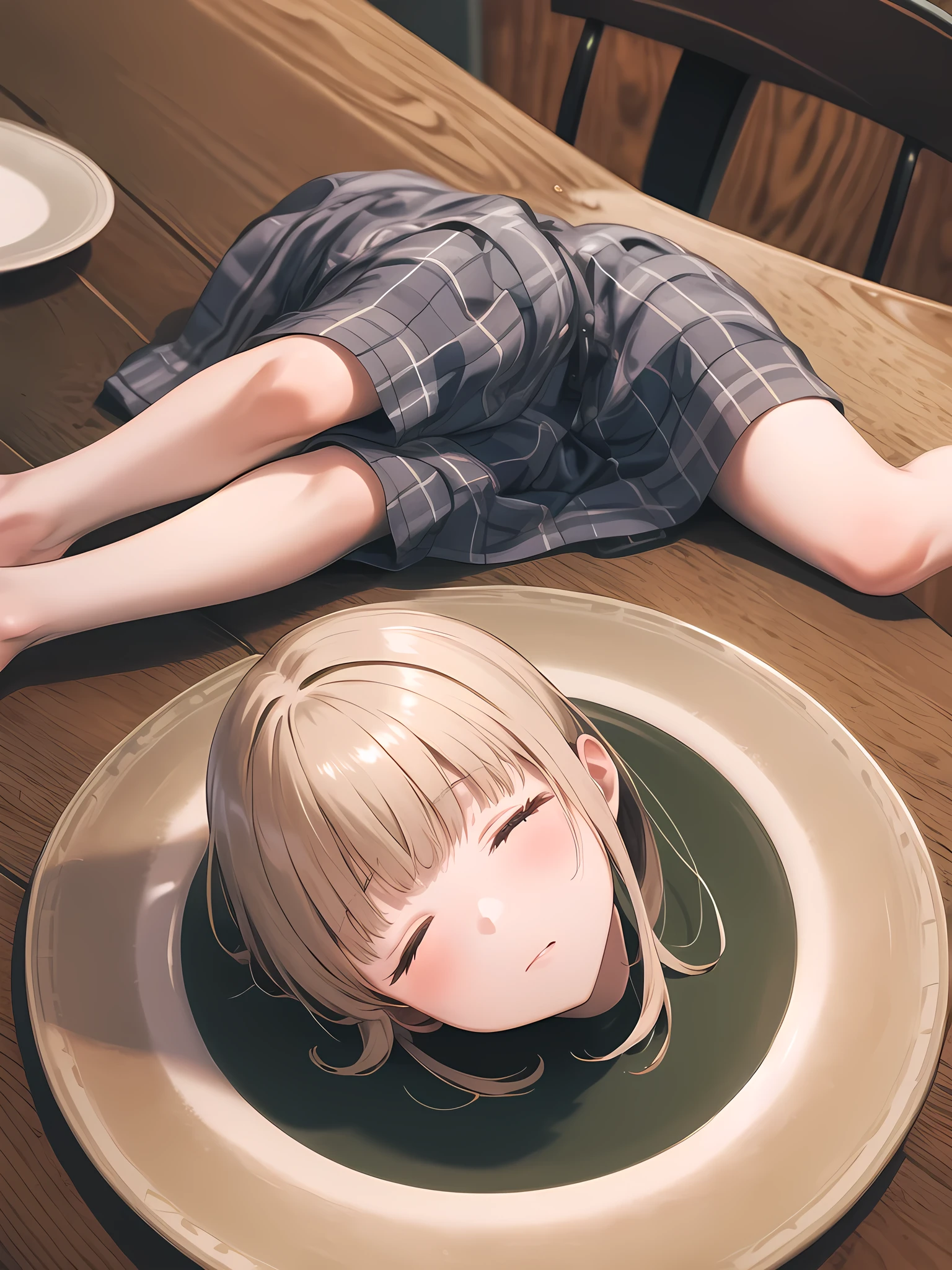 masterpiece, best quality, Highres, aamahiru, long hair, plaid dress, short dress, she is sleeping, eyes closed, lying on a giant plate, on the dining table
