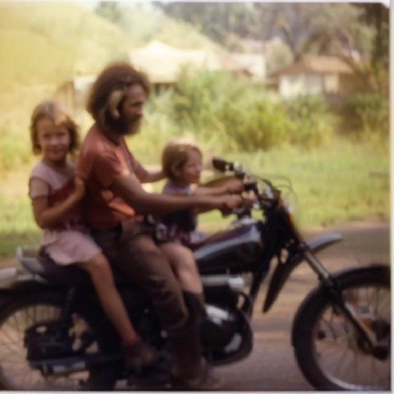 there is a man and two children riding on a motorcycle, riding a motorbike, childhood, riding a motorcycle, motorbike, 1976, sitting on a motorcycle, 1 9 7 6, very known photo, norm rockwell in africa, unknown location, year 1 9 7 0, 70s photo, 7 0 s photo, 1970, profile picture