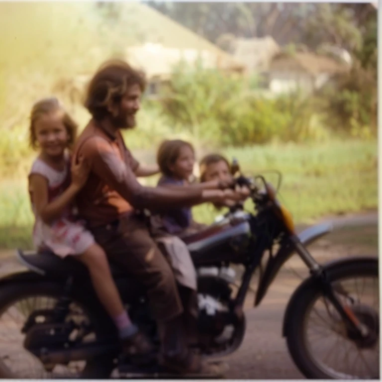 there is a man and two children riding on a motorcycle, riding a motorbike, childhood, riding a motorcycle, motorbike, 1976, sitting on a motorcycle, 1 9 7 6, very known photo, norm rockwell in africa, unknown location, year 1 9 7 0, 70s photo, 7 0 s photo, 1970, profile picture