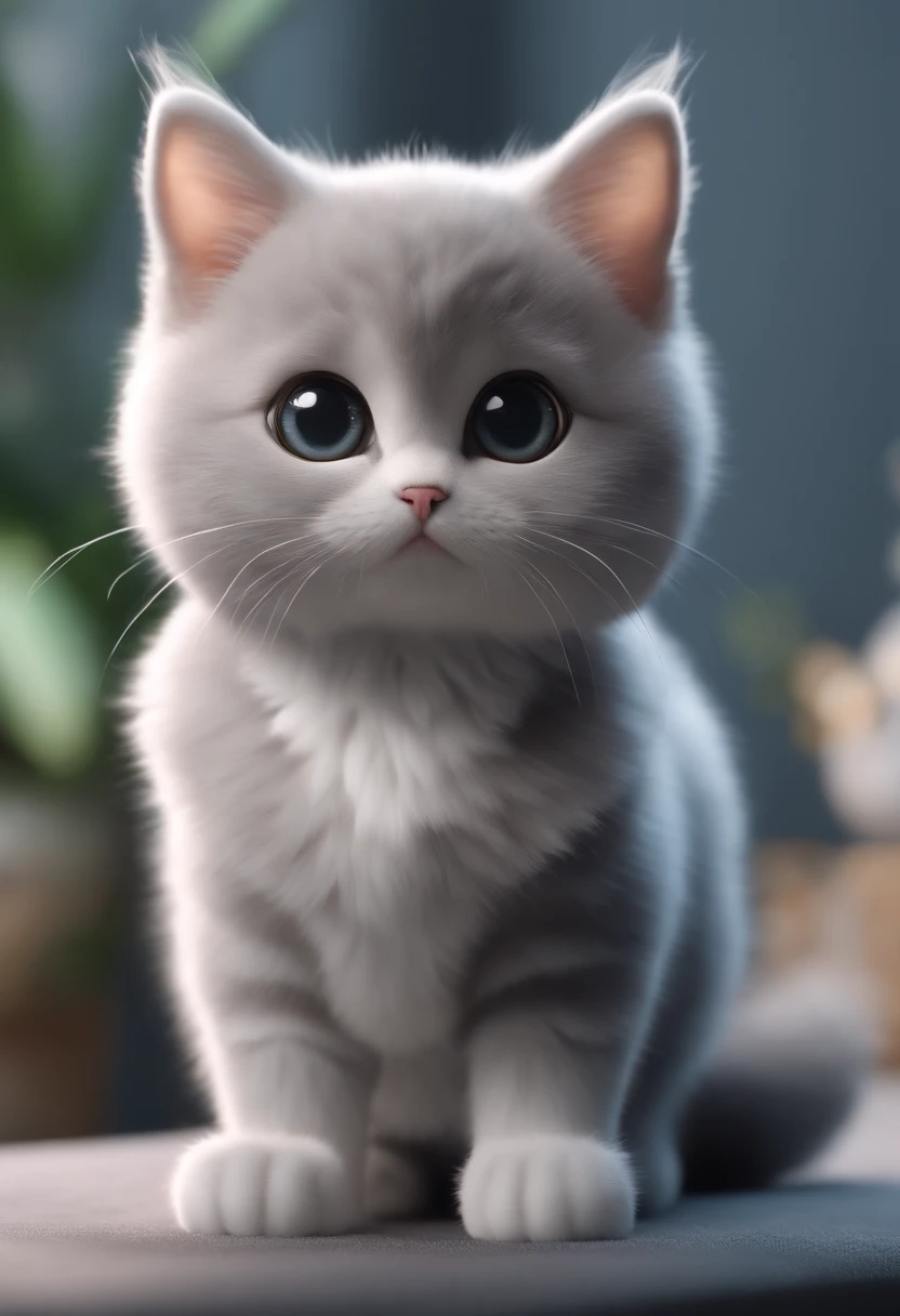 cute gray cat, looking at the camera, Tamagotchi Style, Pie style, 3D Style, 8k, 4K, hard disk, Light background, Chibi Style,Slanted Eyes,Big eyes,Fluffy fur