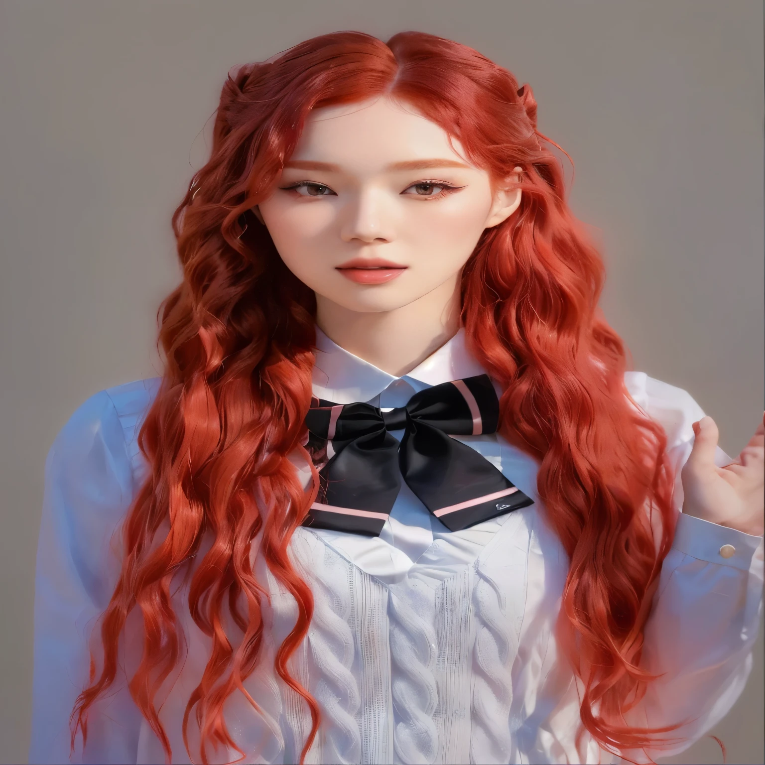 a close up of a woman with long red hair wearing a bow tie, with curly red hair, with long red hair, portrait of jossi of blackpink, ulzzang, with long wavy red hair, kim doyoung, she has long redorange hair, with red hair, park ji-min, taejune kim, jaeyeon nam, with long curly hair