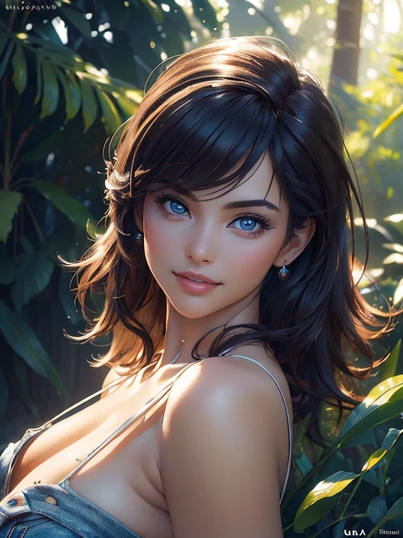 (((masterpiece, portrait))), (((Best quality,ultra detailed,Photorealistic:1.4))), (((deep neckline))), bright and rich colors,studio lighting,Playful expression,stylish makeup, short denim shorts,hair fluttering in the wind,inviting eyes,shiny lips,sexy pose, I smile confidently and seductively,posing for a professional photo shoot,Shallow depth of field,highlighting the main subject,Soft natural light,Creating a dreamy and magical atmosphere.