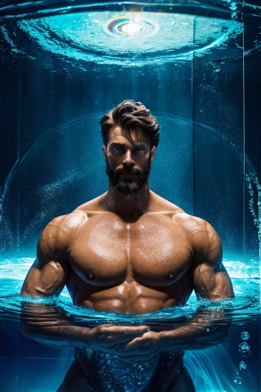 masterpiece, The need for goodness, 1 person, Adult, Mature Woman, Tall muscular man, Dark Theme, Magic array, bubble, Rainbow sunshine, In the water, mirror, Floating Glass Sheet, Rainbow Light, bubbleスワール, Whirlpool of the wind, Aurora, Fantasy Landscape, Starlight around the character, (Upper Body), Naked on Upper Body, Unicorn Tattoo