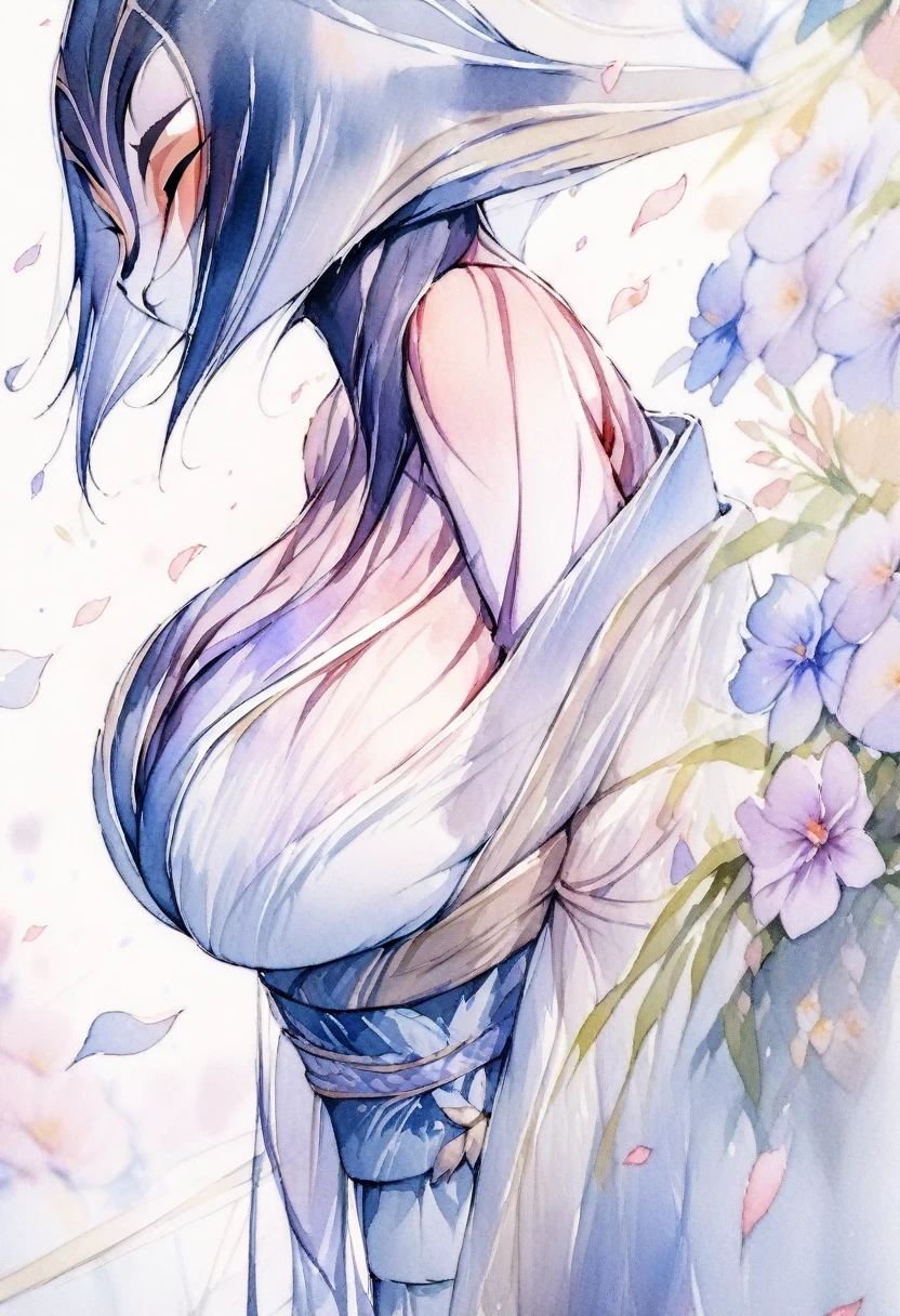 (shylily/(Twich/):1.5),(masterpiece:1.2),(best quality:1.2), ((Depth of Field)), ((watercolor)), (kimono:1.3), Large Breasts, Bare shoulders, flowers and petals, beautiful concept illustration, (White background:0.5), (illustration:1.1), (Extremely beautiful:1.1), (Perfect details:1.1), from the side, Cowboy shooting,