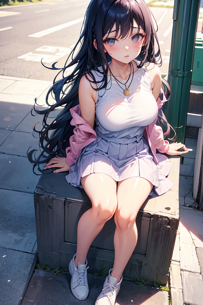 Generate a detailed, high-quality, 8k image of Hinata Hyuga from Naruto Shippuden, showcasing her full appearance and a modern, fashionable outfit suitable for contemporary settings. Start by emphasizing Hinata's soft lavender hair, styled in loose waves that frame her face delicately. Her eyes should be a captivating shade of pale lavender, expressing her gentle yet determined spirit with intricate detail. Hinata's complexion should be fair, with a subtle flush of pink on her cheeks adding to her overall charm. For her modern outfit, envision a trendy yet chic ensemble that reflects Hinata's personal style. Opt for a fitted denim jacket with distressed detailing, layered over a soft pastel-colored camisole. Pair this with high-waisted skinny jeans in a light wash, accentuating her slender figure and elongating her legs. Accessorize the outfit with a delicate pendant necklace and a stack of minimalist bracelets for a touch of sophistication. Choose footwear that balances style and comfort, such as white sneakers or ankle boots with a subtle heel. To complete the look, style Hinata's hair in a loose braid or a half-up, half-down hairstyle, adding a modern twist with a hair scarf or scrunchie. Keep her makeup natural and fresh, with rosy cheeks, glossy lips, and a subtle smoky eye to enhance her lavender gaze. Capture Hinata in a confident yet relaxed pose, exuding warmth and elegance in her modern attire. Pay meticulous attention to detail in rendering her outfit and features, ensuring a highly realistic portrayal. Deliver a final image of the highest quality, showcasing Hinata Hyuga in her contemporary, fashion-forward ensemble.