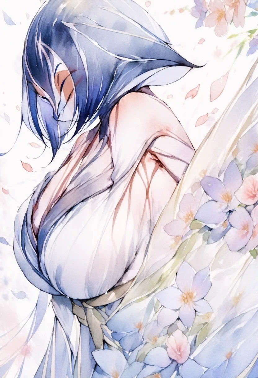 (shylily/(Twich/):1.5),(masterpiece:1.2),(best quality:1.2), ((Depth of Field)), ((watercolor)), (kimono:1.3), Large Breasts, Bare shoulders, flowers and petals, beautiful concept illustration, (White background:0.5), (illustration:1.1), (Extremely beautiful:1.1), (Perfect details:1.1), from the side, Cowboy shooting,