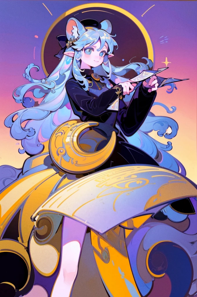 masterpiece, best quality, extremely detailed, detailed background, detailed face, smiling, (dynamic pose), parted bangs, 1girl, faun, long hair, white background, magical dress, letter, full body, very long hair, simple background, envelope, bow, braid, hair bow, looking at viewer, pointy ears, standing, (majestic pose), hair ornament, long sleeves, pink dress, black footwear, green bow, grey hair, animal ears, hat, brown eyes, love letter, holding envelope, iridescent hair, digital art, masterpiece, 最high quality, super detailed, high quality, 4K, Style by NTY, An exquisite masterpiece of art depicting the profound themes of philosophy and numerology. The artwork showcases the influence of Alphonse Mucha's iconic style combined with the whimsical elements of magic wands. The image portrays a captivating scene where the renowned scientist Kepler is reimagined in an anime-inspired form, surrounded by a mesmerizing aura of mysticism