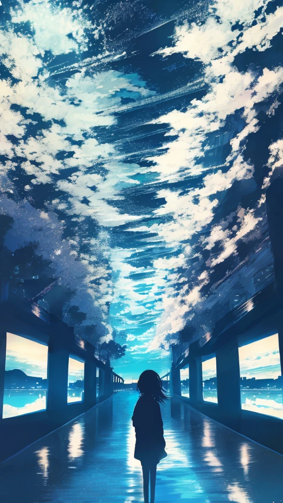 anime,silhouette,1girl, cloud, outdoors, skyscraper, city lights, blue sky, skyline,morning,waking,In nature,Mountain,Couple