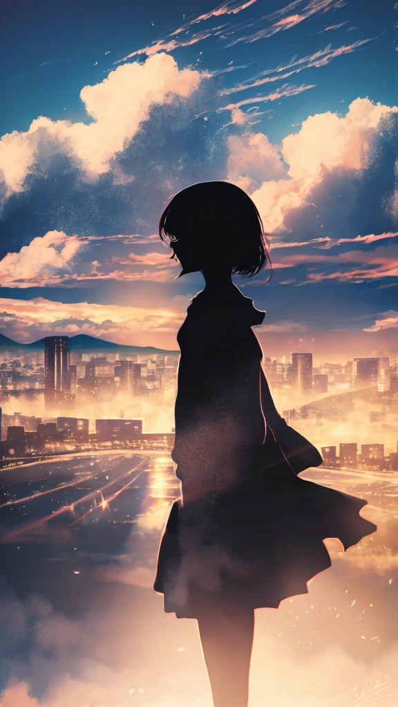 anime,silhouette,1girl, cloud, outdoors, skyscraper, city lights, blue sky, skyline,morning,waking,In nature,Mountain,Couple
