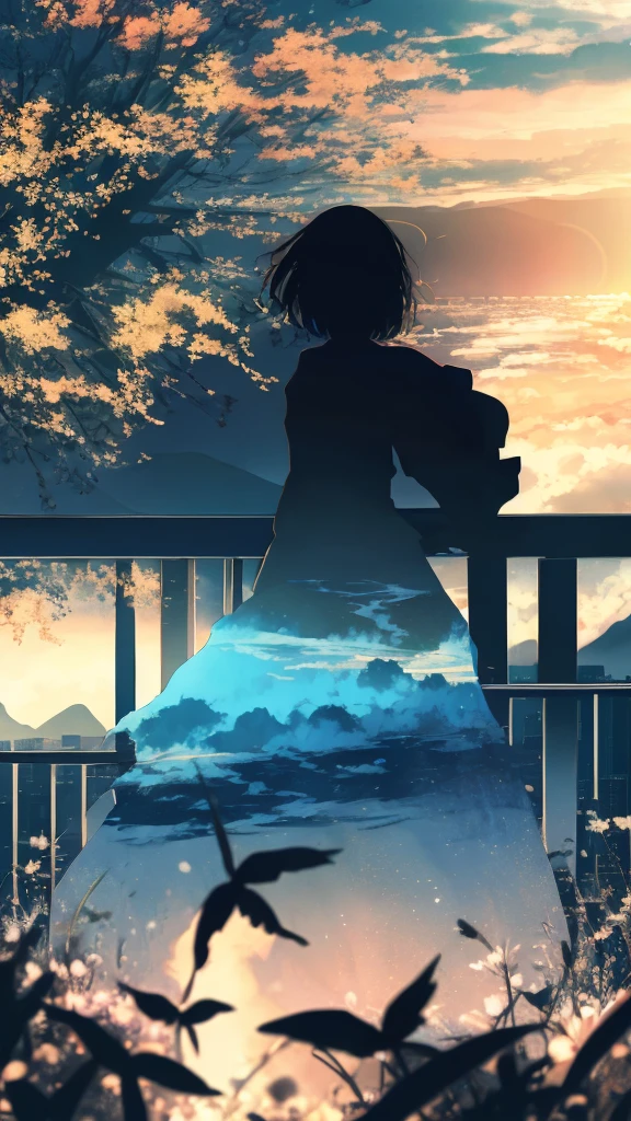 anime,silhouette,1girl, cloud, outdoors, skyscraper, city lights, blue sky, skyline,morning,waking,In nature,Mountain,Couple