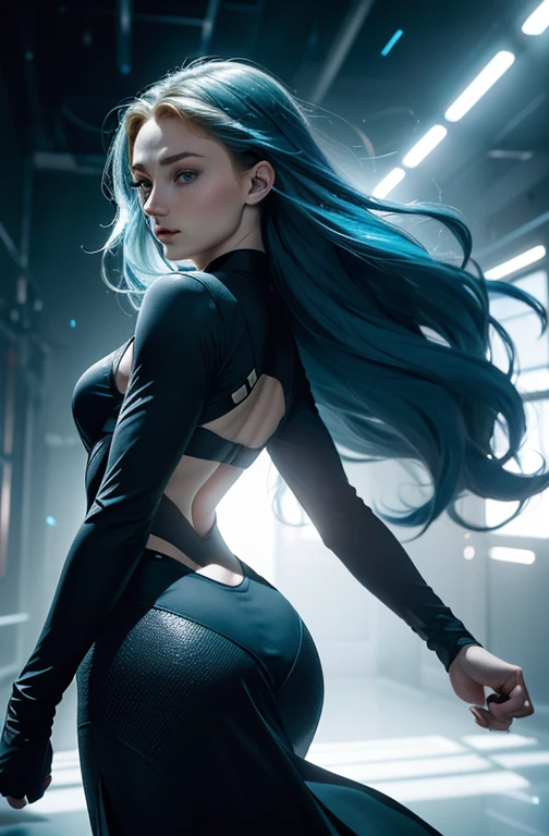 (Sophie Turner com 35 anos, sozinha:1.2, shot from behind, dynamic pose), (Big head spinning:1.3), Cinematic shot, dramatic lighting emphasizing shadows, detalhes ricos em textura, efeito laser para adicionar profundidade, melhor qualidade. So de calcinha azul Marinho