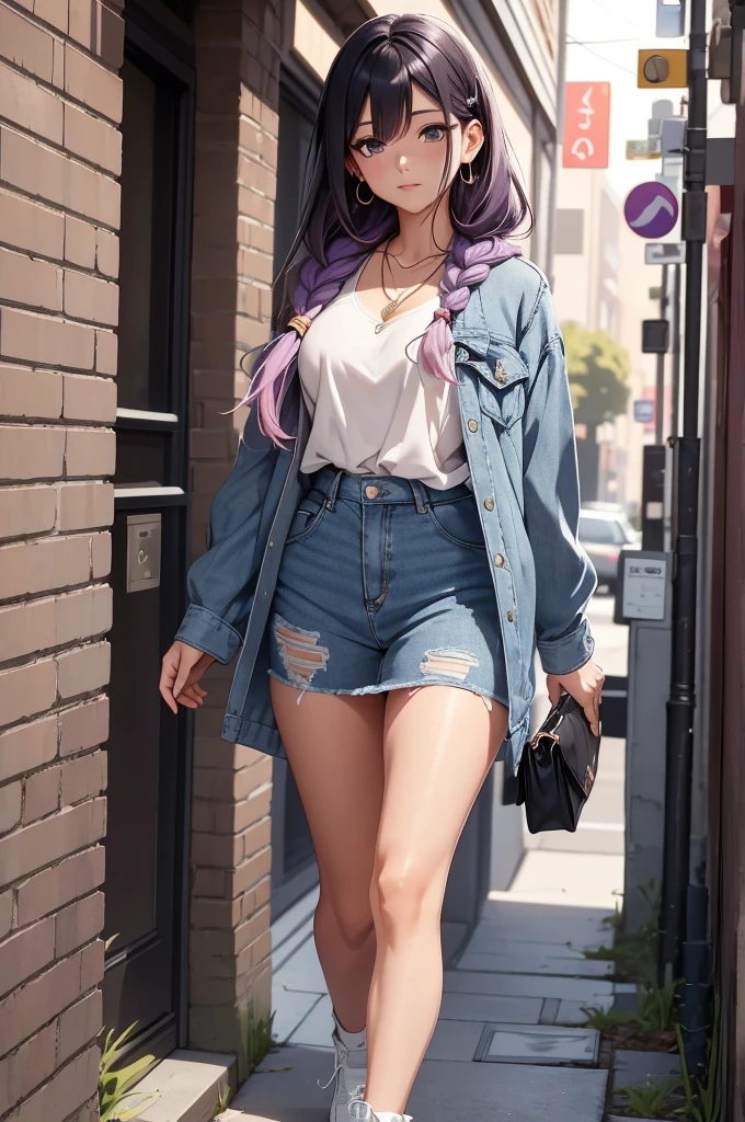 Generate a detailed, high-quality, 8k image of Hinata Hyuga from Naruto Shippuden, showcasing her full appearance and a modern, fashionable outfit suitable for contemporary settings. Start by emphasizing Hinata's soft lavender hair, styled in loose waves that frame her face delicately. Her eyes should be a captivating shade of pale lavender, expressing her gentle yet determined spirit with intricate detail. Hinata's complexion should be fair, with a subtle flush of pink on her cheeks adding to her overall charm. For her modern outfit, envision a trendy yet chic ensemble that reflects Hinata's personal style. Opt for a fitted denim jacket with distressed detailing, layered over a soft pastel-colored camisole. Pair this with high-waisted skinny jeans in a light wash, accentuating her slender figure and elongating her legs. Accessorize the outfit with a delicate pendant necklace and a stack of minimalist bracelets for a touch of sophistication. Choose footwear that balances style and comfort, such as white sneakers or ankle boots with a subtle heel. To complete the look, style Hinata's hair in a loose braid or a half-up, half-down hairstyle, adding a modern twist with a hair scarf or scrunchie. Keep her makeup natural and fresh, with rosy cheeks, glossy lips, and a subtle smoky eye to enhance her lavender gaze. Capture Hinata in a confident yet relaxed pose, exuding warmth and elegance in her modern attire. Pay meticulous attention to detail in rendering her outfit and features, ensuring a highly realistic portrayal. Deliver a final image of the highest quality, showcasing Hinata Hyuga in her contemporary, fashion-forward ensemble.