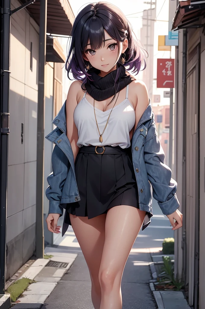 Generate a detailed, high-quality, 8k image of Hinata Hyuga from Naruto Shippuden, showcasing her full appearance and a modern, fashionable outfit suitable for contemporary settings. Start by emphasizing Hinata's soft lavender hair, styled in loose waves that frame her face delicately. Her eyes should be a captivating shade of pale lavender, expressing her gentle yet determined spirit with intricate detail. Hinata's complexion should be fair, with a subtle flush of pink on her cheeks adding to her overall charm. For her modern outfit, envision a trendy yet chic ensemble that reflects Hinata's personal style. Opt for a fitted denim jacket with distressed detailing, layered over a soft pastel-colored camisole. Pair this with high-waisted skinny jeans in a light wash, accentuating her slender figure and elongating her legs. Accessorize the outfit with a delicate pendant necklace and a stack of minimalist bracelets for a touch of sophistication. Choose footwear that balances style and comfort, such as white sneakers or ankle boots with a subtle heel. To complete the look, style Hinata's hair in a loose braid or a half-up, half-down hairstyle, adding a modern twist with a hair scarf or scrunchie. Keep her makeup natural and fresh, with rosy cheeks, glossy lips, and a subtle smoky eye to enhance her lavender gaze. Capture Hinata in a confident yet relaxed pose, exuding warmth and elegance in her modern attire. Pay meticulous attention to detail in rendering her outfit and features, ensuring a highly realistic portrayal. Deliver a final image of the highest quality, showcasing Hinata Hyuga in her contemporary, fashion-forward ensemble.