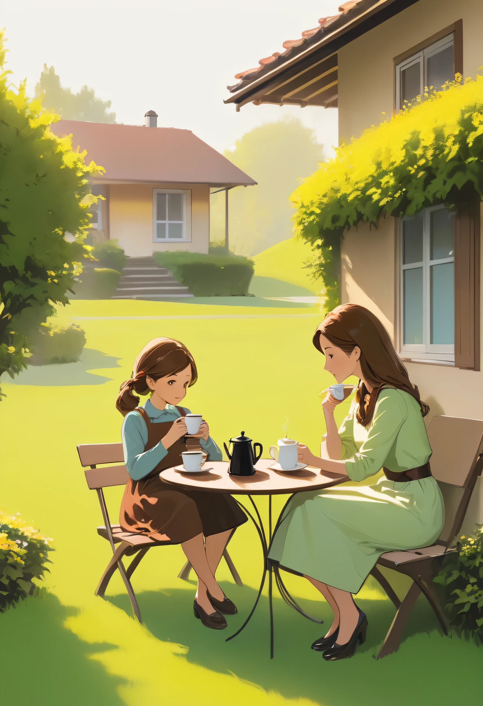 A mother and daughter having coffee break in the lawn of their house. -color palette of this photo is coffee