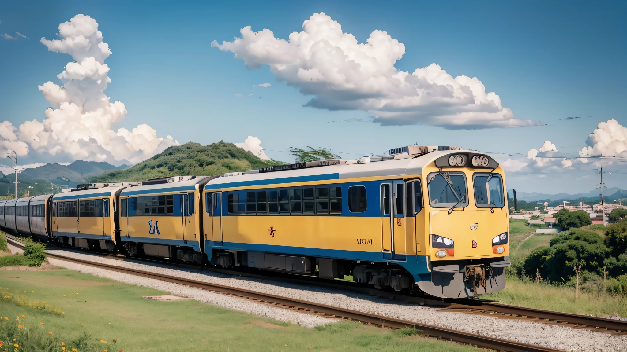 Cartoon train crossing tracks with sky background, Bela vista, Beautiful animation, Detalhes ricos (width is 672), alta qualidade, clareza 4k, Artistic Wallpaper 4k, Stunning anime scenery, papel de parede de arte 8k.
