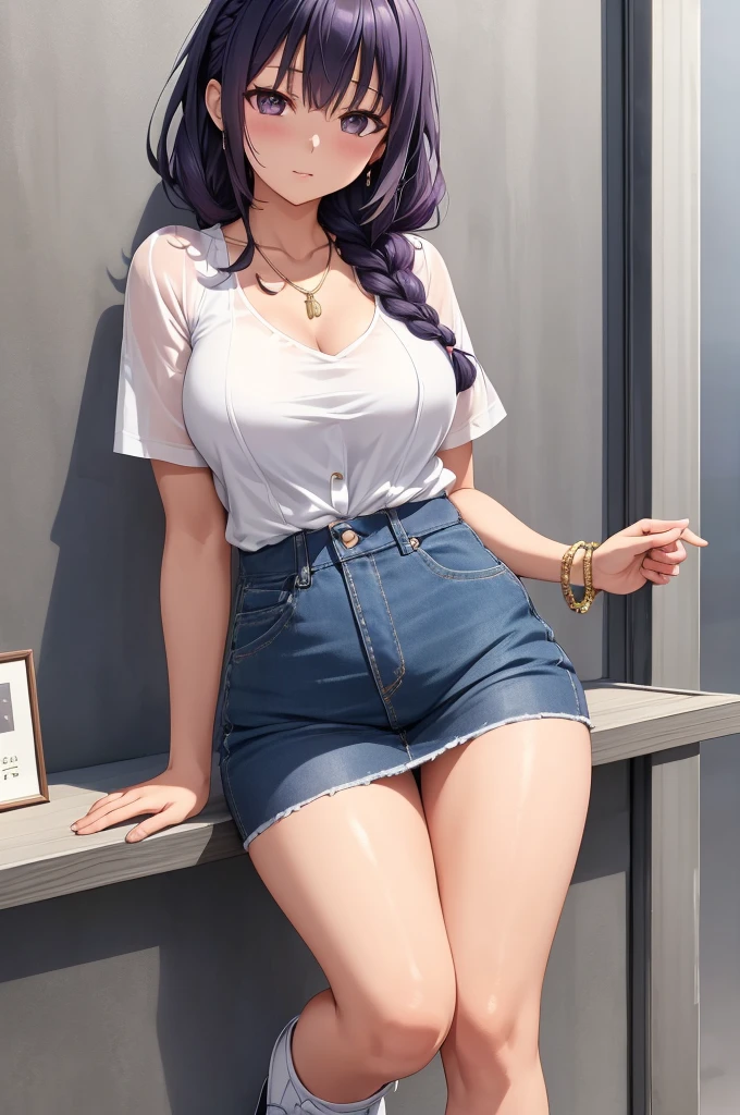 Generate a detailed, high-quality, 8k image of Hinata Hyuga from Naruto Shippuden, showcasing her full appearance and a modern, fashionable outfit suitable for contemporary settings. Start by emphasizing Hinata's soft lavender hair, styled in loose waves that frame her face delicately. Her eyes should be a captivating shade of pale lavender, expressing her gentle yet determined spirit with intricate detail. Hinata's complexion should be fair, with a subtle flush of pink on her cheeks adding to her overall charm. For her modern outfit, envision a trendy yet chic ensemble that reflects Hinata's personal style. Opt for a fitted denim jacket with distressed detailing, layered over a soft pastel-colored camisole. Pair this with high-waisted skinny jeans in a light wash, accentuating her slender figure and elongating her legs. Accessorize the outfit with a delicate pendant necklace and a stack of minimalist bracelets for a touch of sophistication. Choose footwear that balances style and comfort, such as white sneakers or ankle boots with a subtle heel. To complete the look, style Hinata's hair in a loose braid or a half-up, half-down hairstyle, adding a modern twist with a hair scarf or scrunchie. Keep her makeup natural and fresh, with rosy cheeks, glossy lips, and a subtle smoky eye to enhance her lavender gaze. Capture Hinata in a confident yet relaxed pose, exuding warmth and elegance in her modern attire. Pay meticulous attention to detail in rendering her outfit and features, ensuring a highly realistic portrayal. Deliver a final image of the highest quality, showcasing Hinata Hyuga in her contemporary, fashion-forward ensemble.