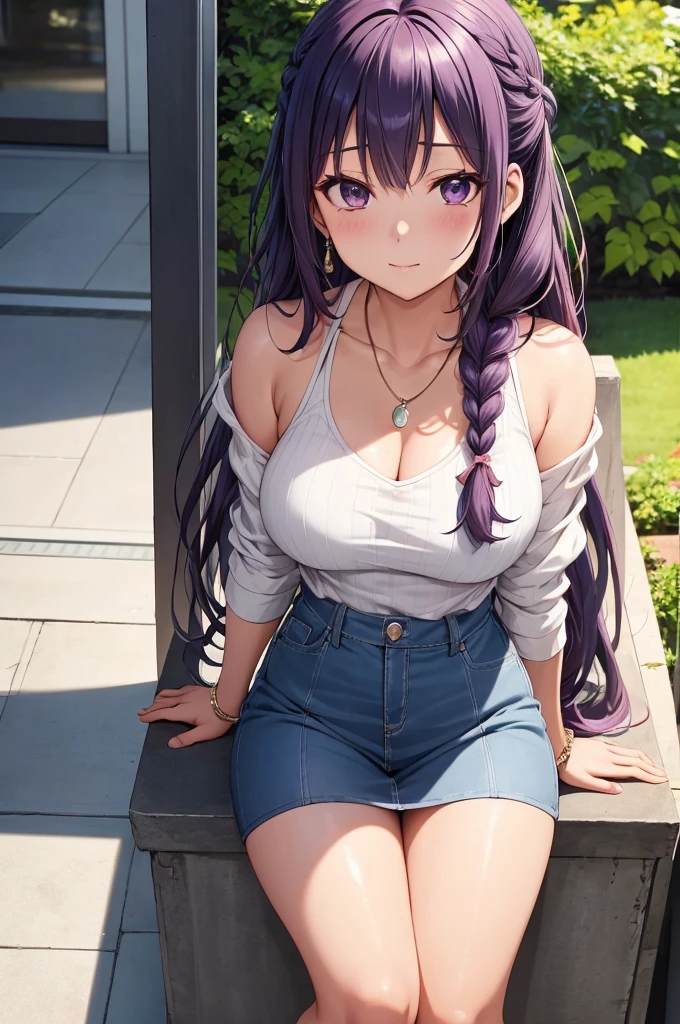 Generate a detailed, high-quality, 8k image of Hinata Hyuga from Naruto Shippuden, showcasing her full appearance and a modern, fashionable outfit suitable for contemporary settings. Start by emphasizing Hinata's soft lavender hair, styled in loose waves that frame her face delicately. Her eyes should be a captivating shade of pale lavender, expressing her gentle yet determined spirit with intricate detail. Hinata's complexion should be fair, with a subtle flush of pink on her cheeks adding to her overall charm. For her modern outfit, envision a trendy yet chic ensemble that reflects Hinata's personal style. Opt for a fitted denim jacket with distressed detailing, layered over a soft pastel-colored camisole. Pair this with high-waisted skinny jeans in a light wash, accentuating her slender figure and elongating her legs. Accessorize the outfit with a delicate pendant necklace and a stack of minimalist bracelets for a touch of sophistication. Choose footwear that balances style and comfort, such as white sneakers or ankle boots with a subtle heel. To complete the look, style Hinata's hair in a loose braid or a half-up, half-down hairstyle, adding a modern twist with a hair scarf or scrunchie. Keep her makeup natural and fresh, with rosy cheeks, glossy lips, and a subtle smoky eye to enhance her lavender gaze. Capture Hinata in a confident yet relaxed pose, exuding warmth and elegance in her modern attire. Pay meticulous attention to detail in rendering her outfit and features, ensuring a highly realistic portrayal. Deliver a final image of the highest quality, showcasing Hinata Hyuga in her contemporary, fashion-forward ensemble.
