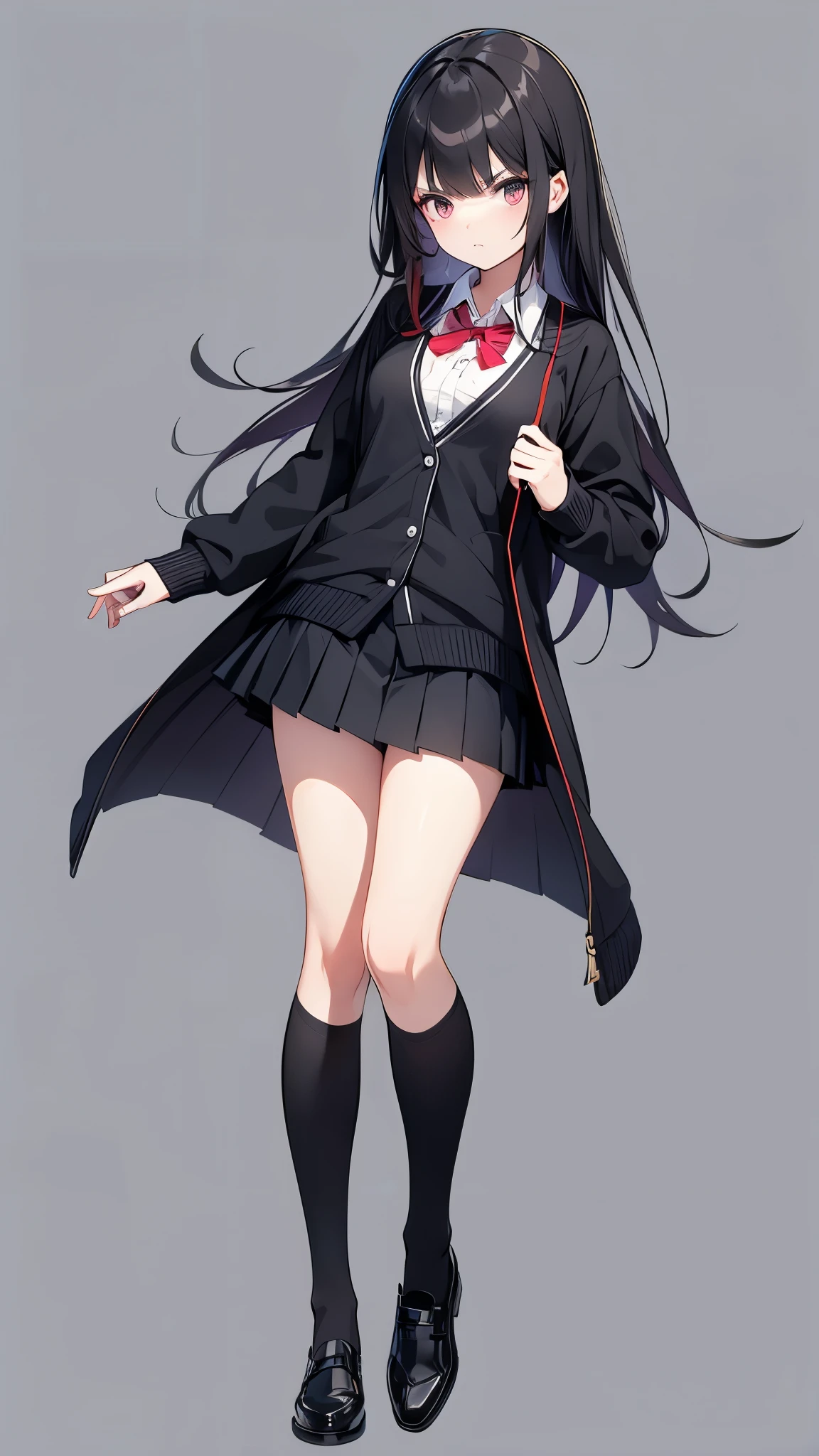 a school girl wearing cardigan and pleated skirt, 1girl, solo, full body, (standing), (serious, cool), long hair, dark hair, black cardigan, pleated skirt, socks, black footwear, masterpiece, best quality, (no background, simple background)