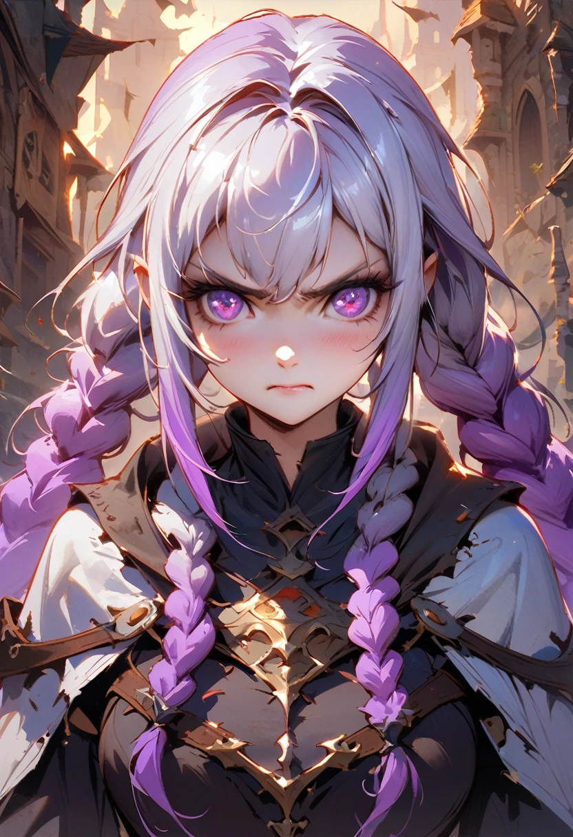 Style by Style-Crypt Award-winning epic oil painting,Depicting a medieval girl, yinji, purple hair, purple eyes, long hair, white hair, double braids, gradient hair, (Angry expression:1.2), sinister, evil, (Backlight:1.3), number, concept art, Smooth, Clear focus, Rule of Thirds, Dark Fantasy,Intricate details, Artworks by Aleksi briclot, Medium shot, (Shallow and deep:1.3)