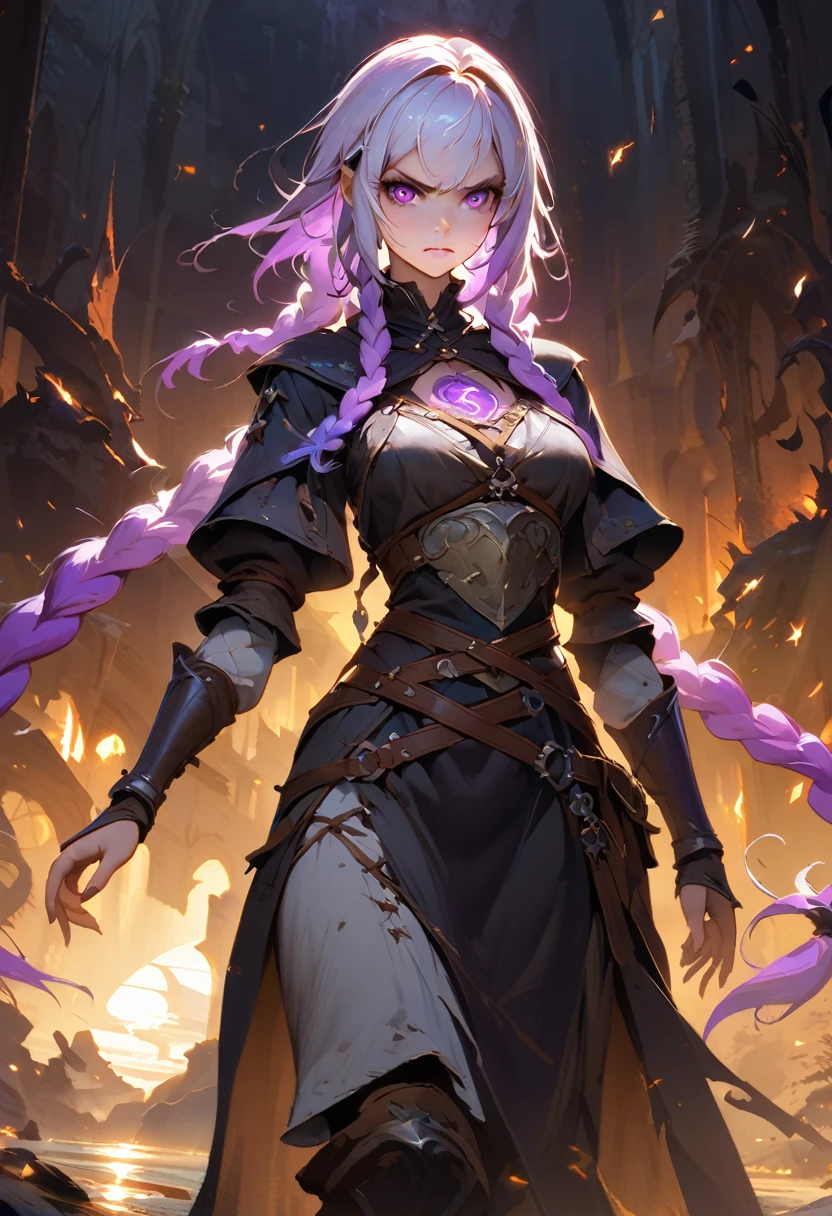  tiefling sorceress with long purple hair and purple skin and long horns and white eyes, she is wearing black rogueish robes, she is warlock that is given magic by undying undead patron, highly detailed, dramatic lighting