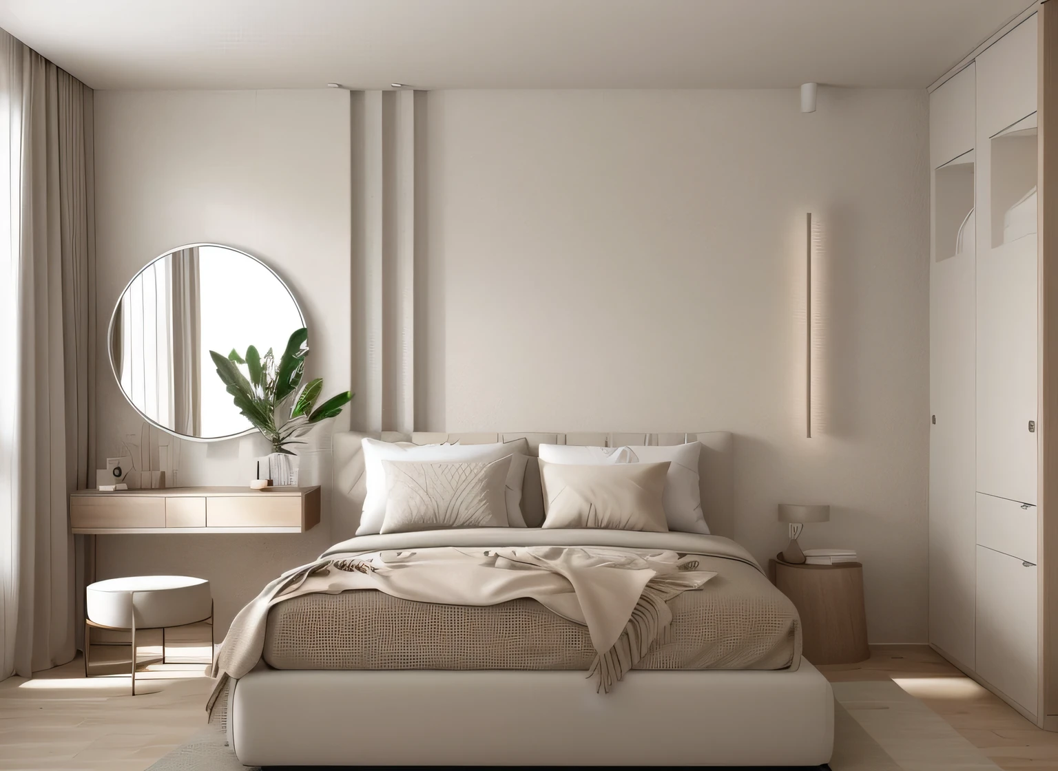 Raw, realistic photo, modern bedroom with neutral colors. The room has a large bed with pillows and blankets, on both sides are bedside tables with lamps. On the left is a round mirror in the small makeup area. The wall has minimal texture and decoration. Beige wood material combined with white wall. Soft lighting creates a cozy space. clean design